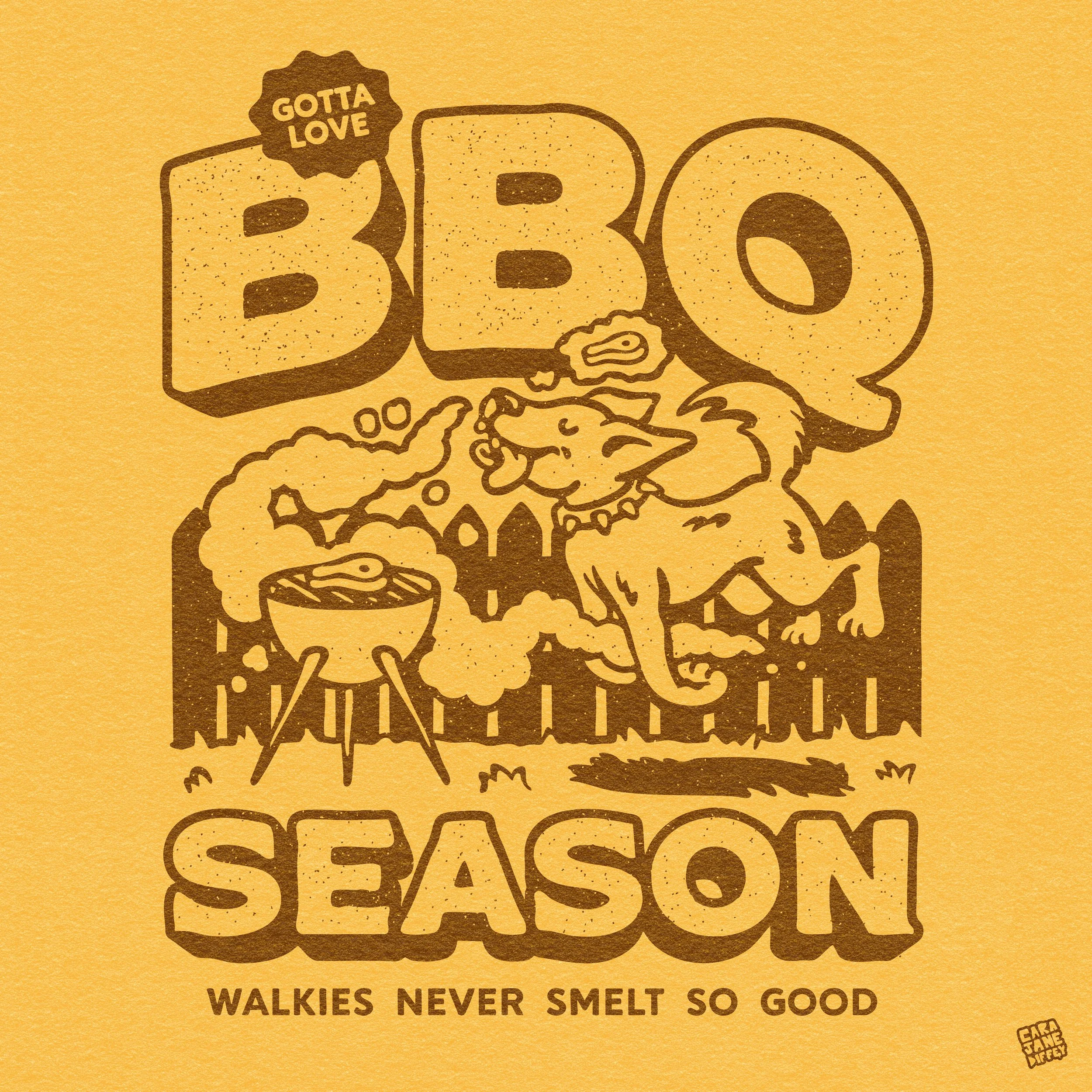 An illustrated poster featuring a dog and food, with the text 'BEER', 'Gotta Love', and 'Season'. The phrase 'Walkies never smelt so good' is at the bottom.
