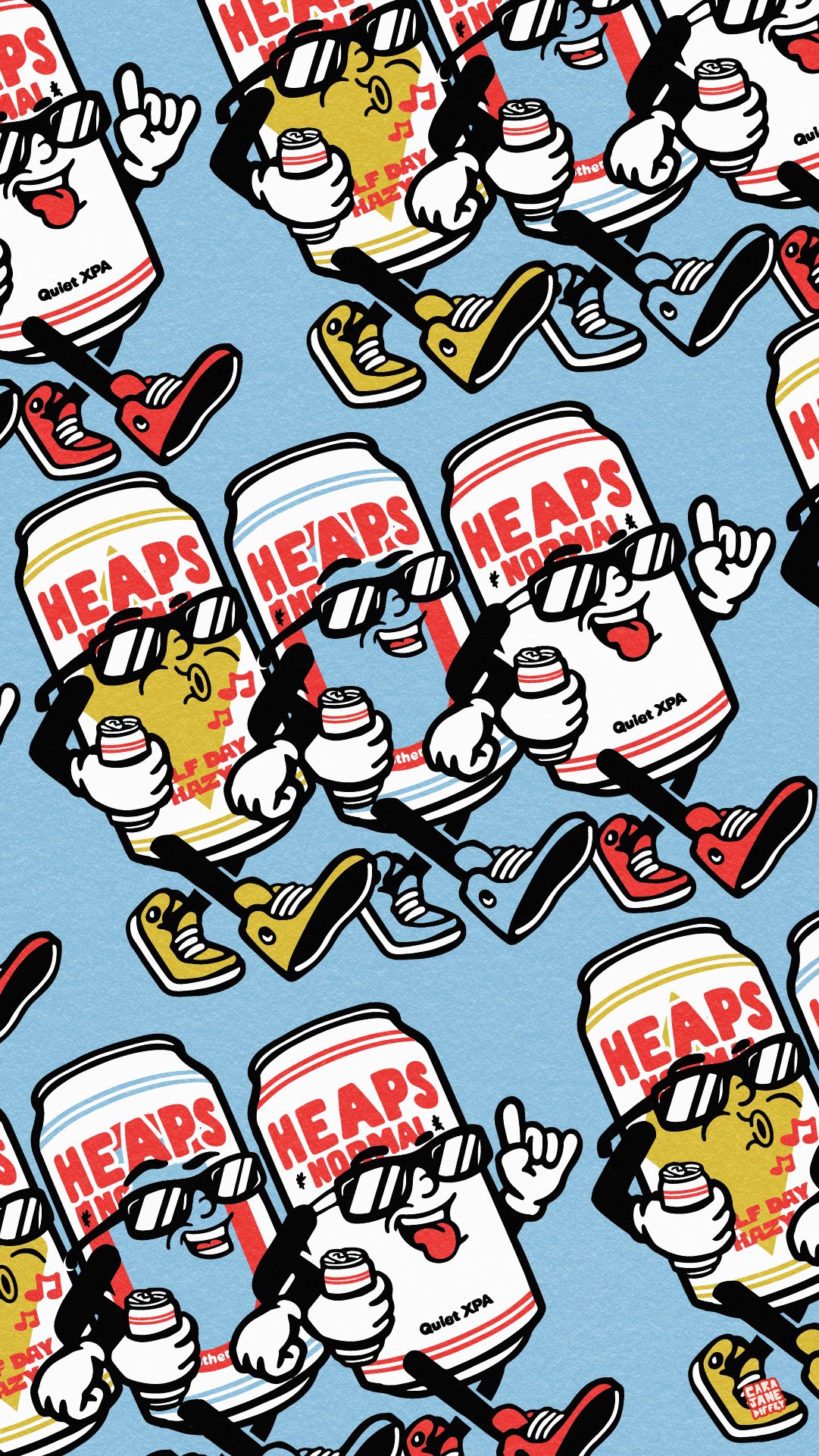 Pattern featuring cartoon beer cans with sunglasses, holding cans, and wearing sneakers, set against a light blue background.