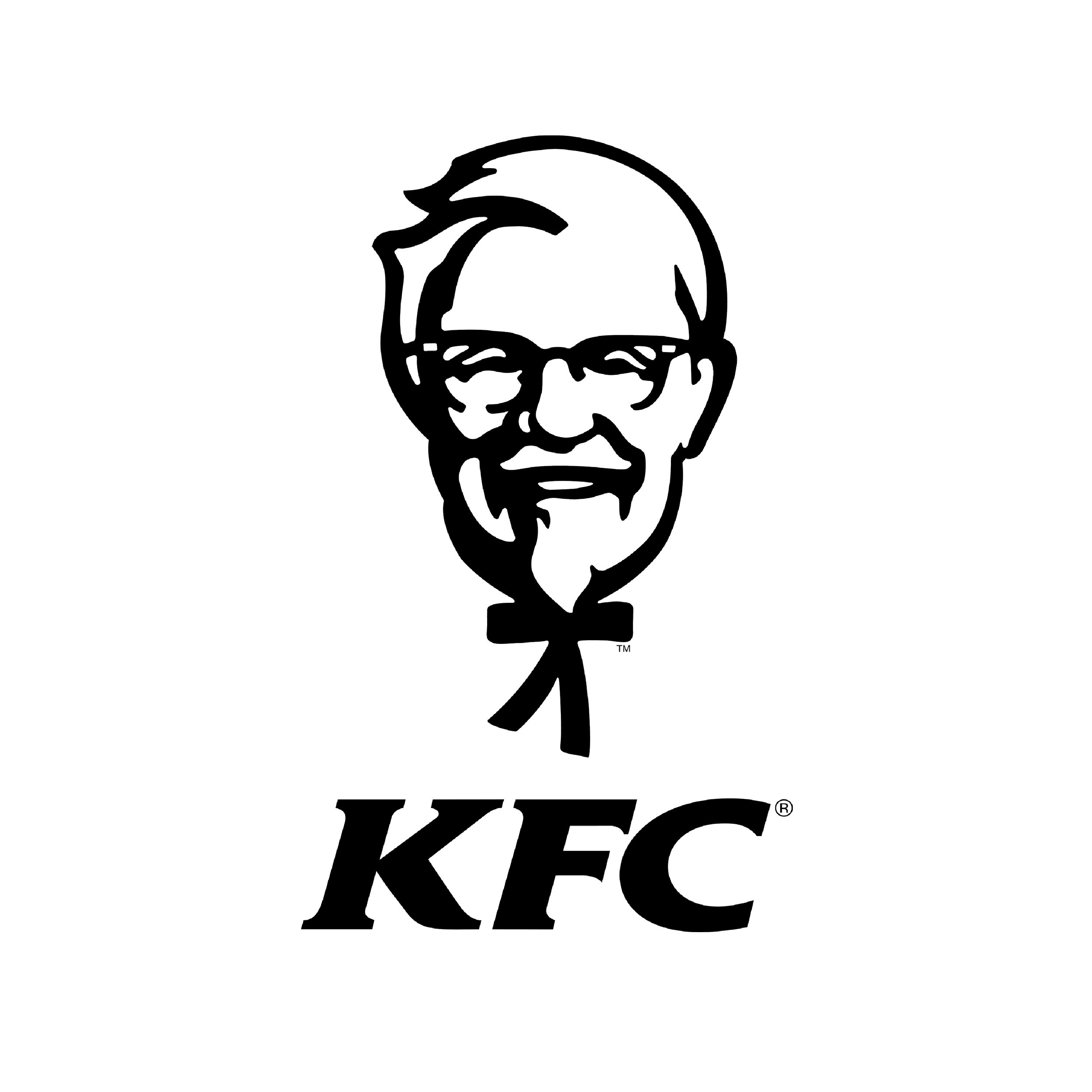 A black background with a white outline of Colonel Sanders, the KFC logo, and the text 'KFC' below.