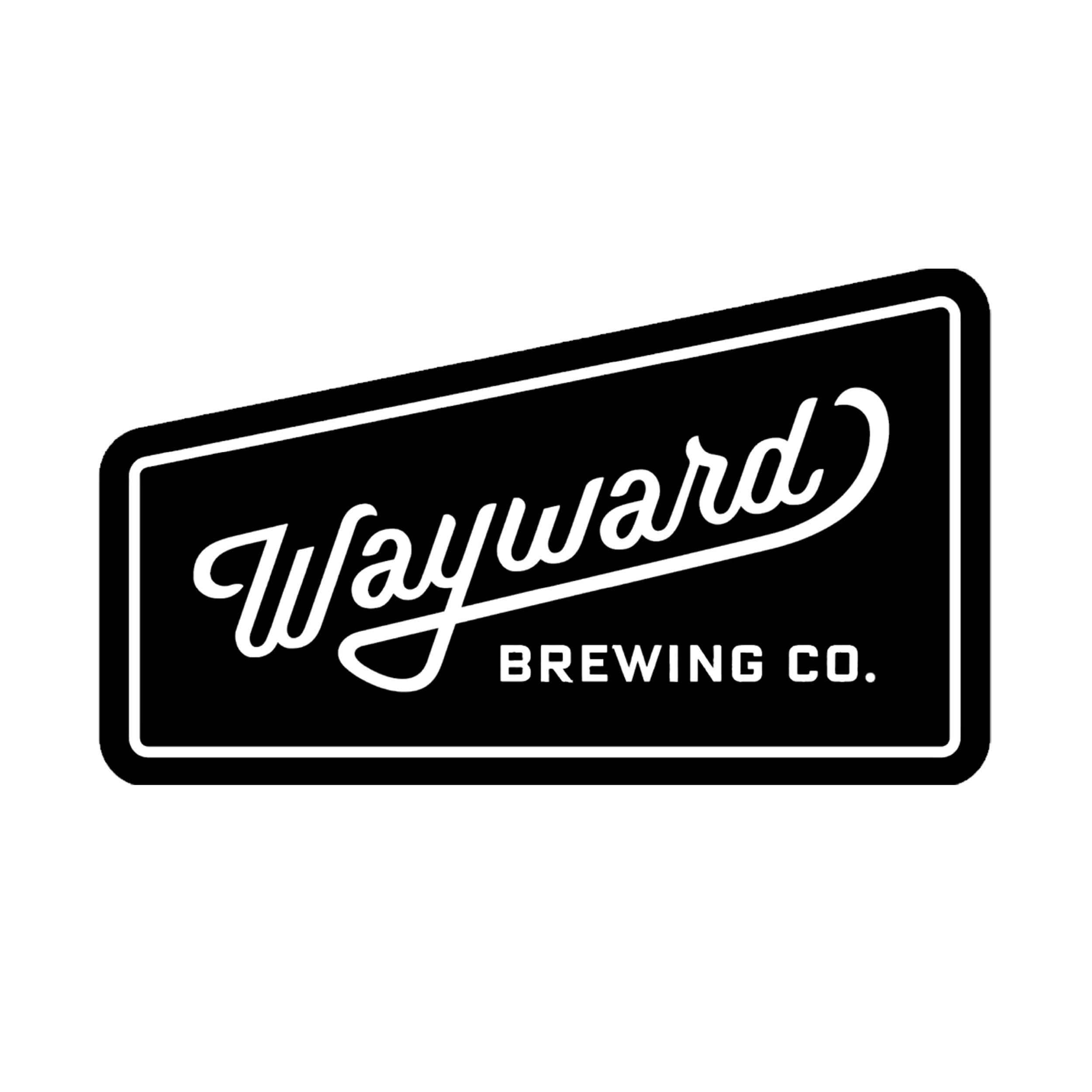 Black and white line drawing of a rectangular sign with the text 'Wayward Brewing Co.' in cursive and block letters.