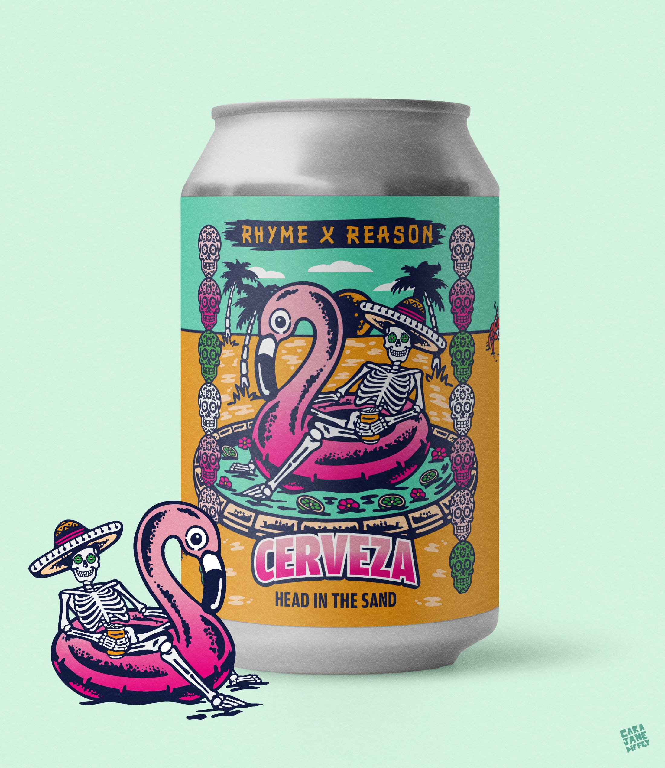 A colorful can of beer with a label featuring a skeleton wearing a sombrero sitting in a pink flamingo pool float, on a sandy beach with palm trees, clouds, and skull decorations. The label reads "Rhyme x Reason" at the top, "Cerveza" in large pink l
