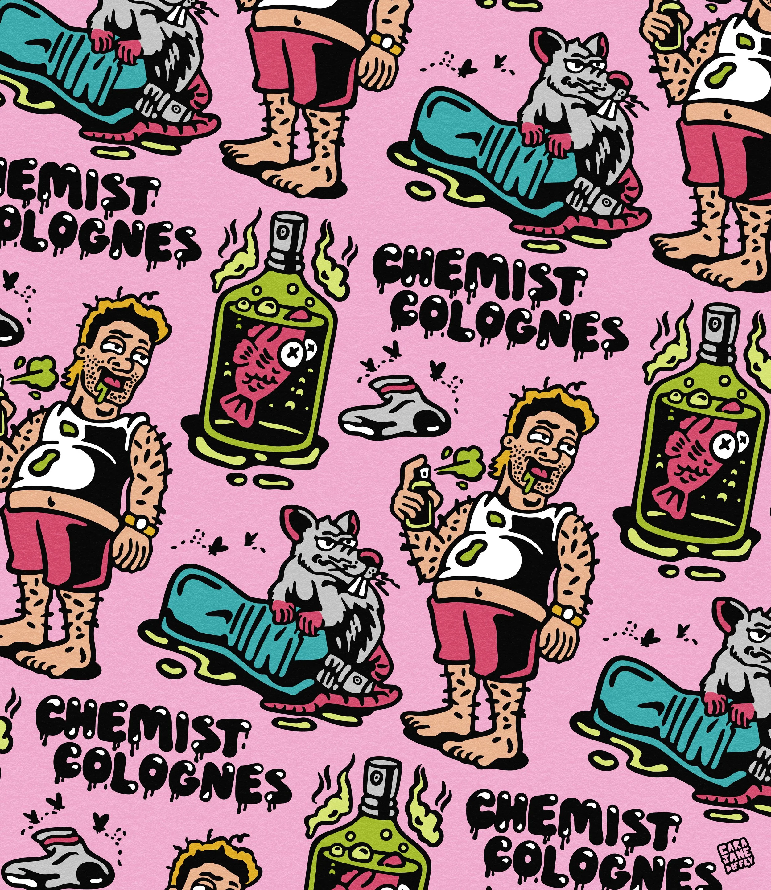 Pattern featuring cartoon illustrations of a man with tattoos holding a spray can, a smiling fish inside a bottle labeled 'Chemist Cologne,' a relaxed panther on a skateboard, a white sock, and the text 'Chemist Cologne' on a pink background.