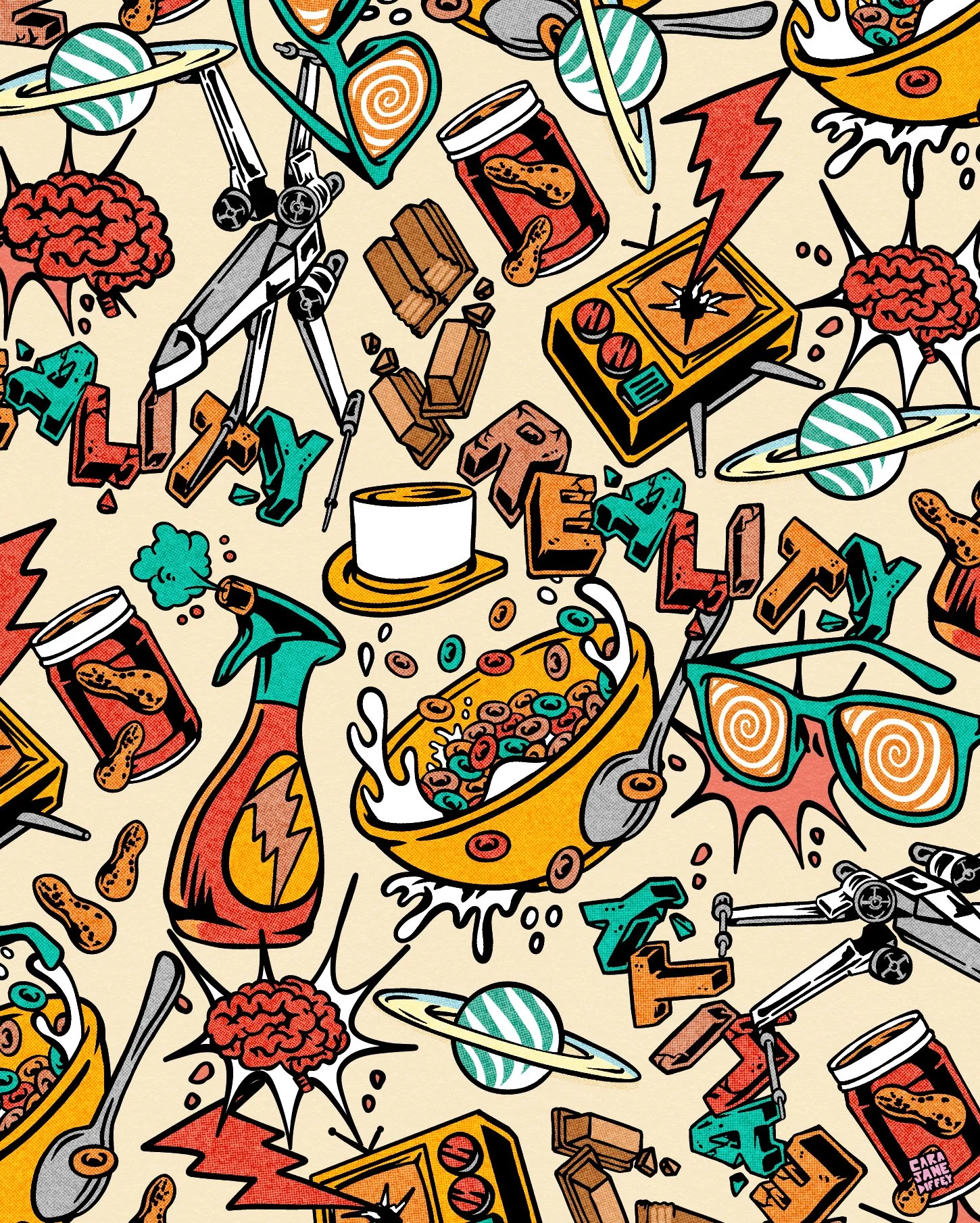 A colorful, cartoon-style pattern featuring various objects and themes, including cereal bowls with milk and cereal, sunglasses, robots, planets with rings, cans of peanut butter, slices of bread, bombs, brains, and abstract shapes.
