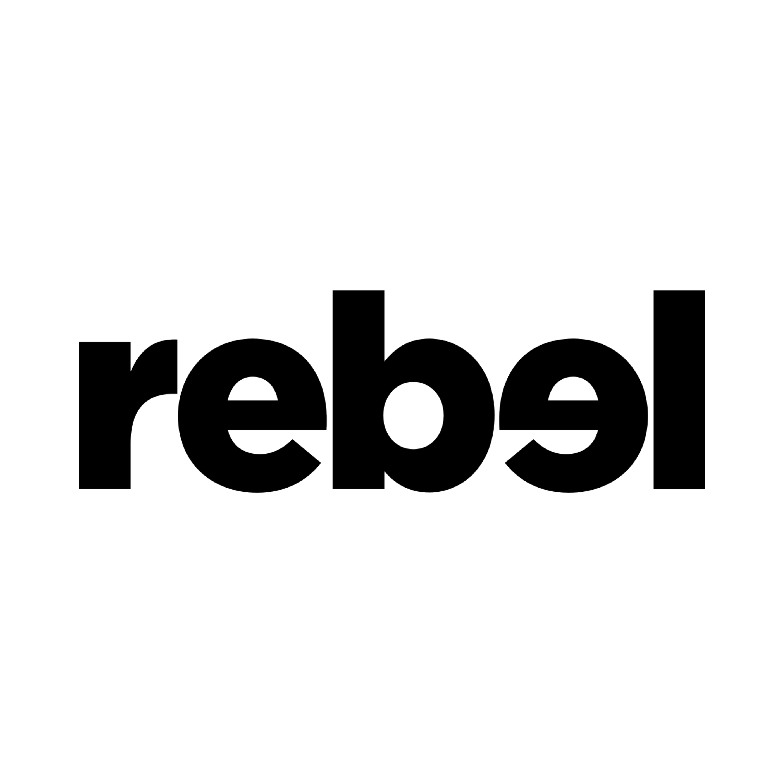 Outline of the word 'rebel' with black background and transparent fill