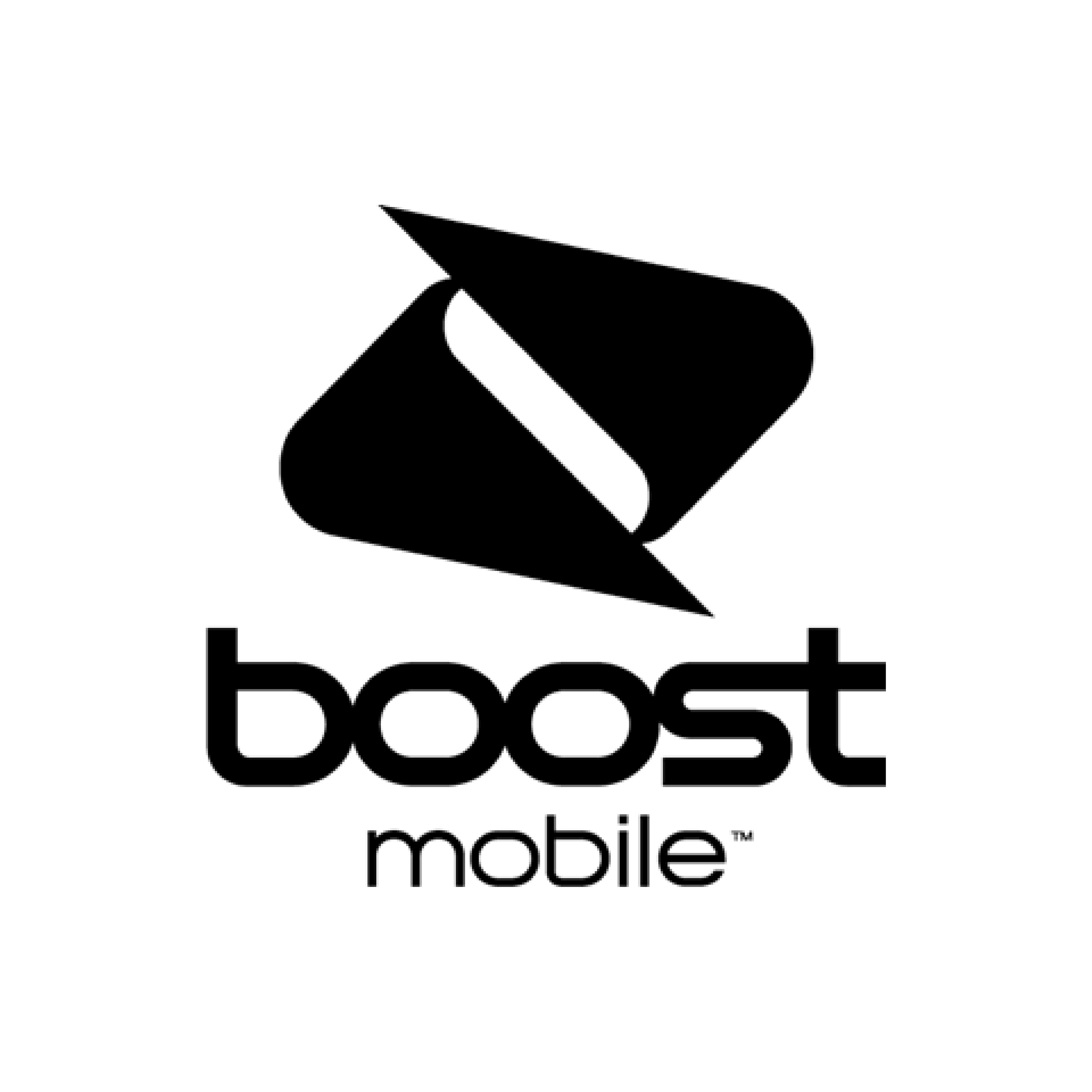 Black and white logo for Boost Mobile with a stylized geometric icon above the text