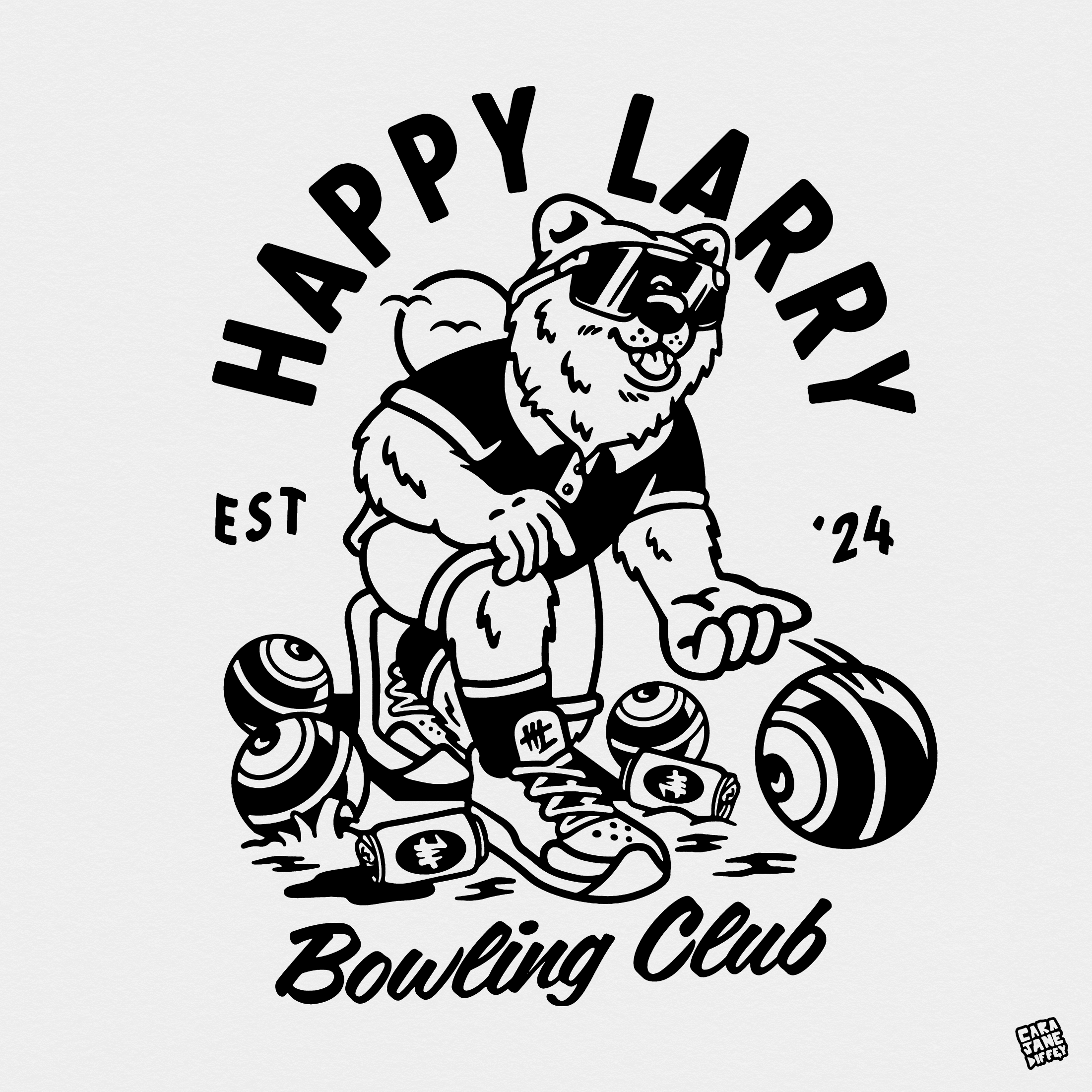 Illustration of a bear wearing sunglasses, a polo shirt, and sneakers, bowling with multiple bowling balls around it. The text reads 'Happy Larry,' 'Est '24,' and 'Bowling Club.'