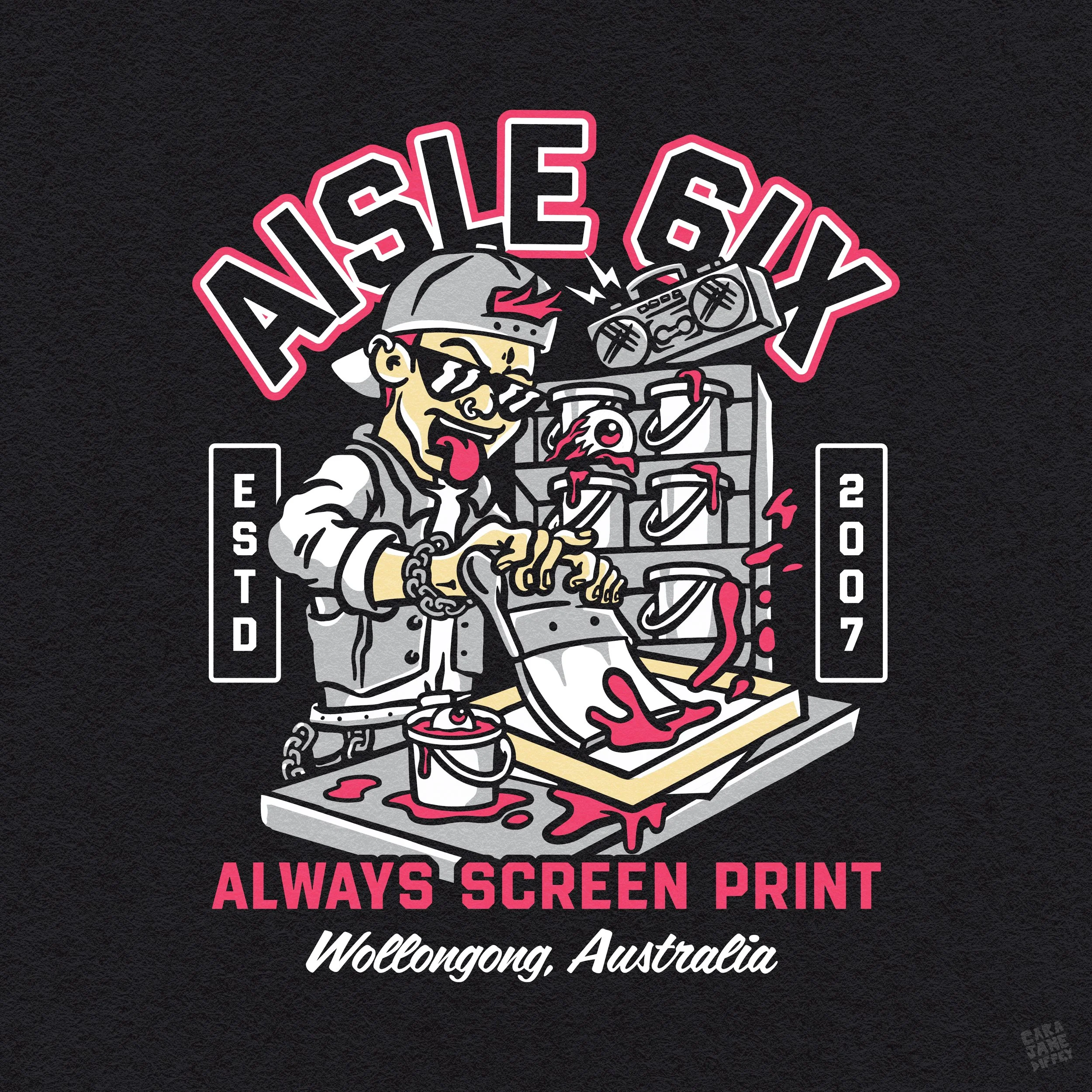A cartoon-style illustration of a skateboarder with a cap, sunglasses, and a chain, slicing into a skateboard with a chainsaw. The scene is chaotic with pink blood and skateboard parts. The text says 'NESELE BOY', 'ESTD 2007', and 'ALWAYS SCREEN PRIN