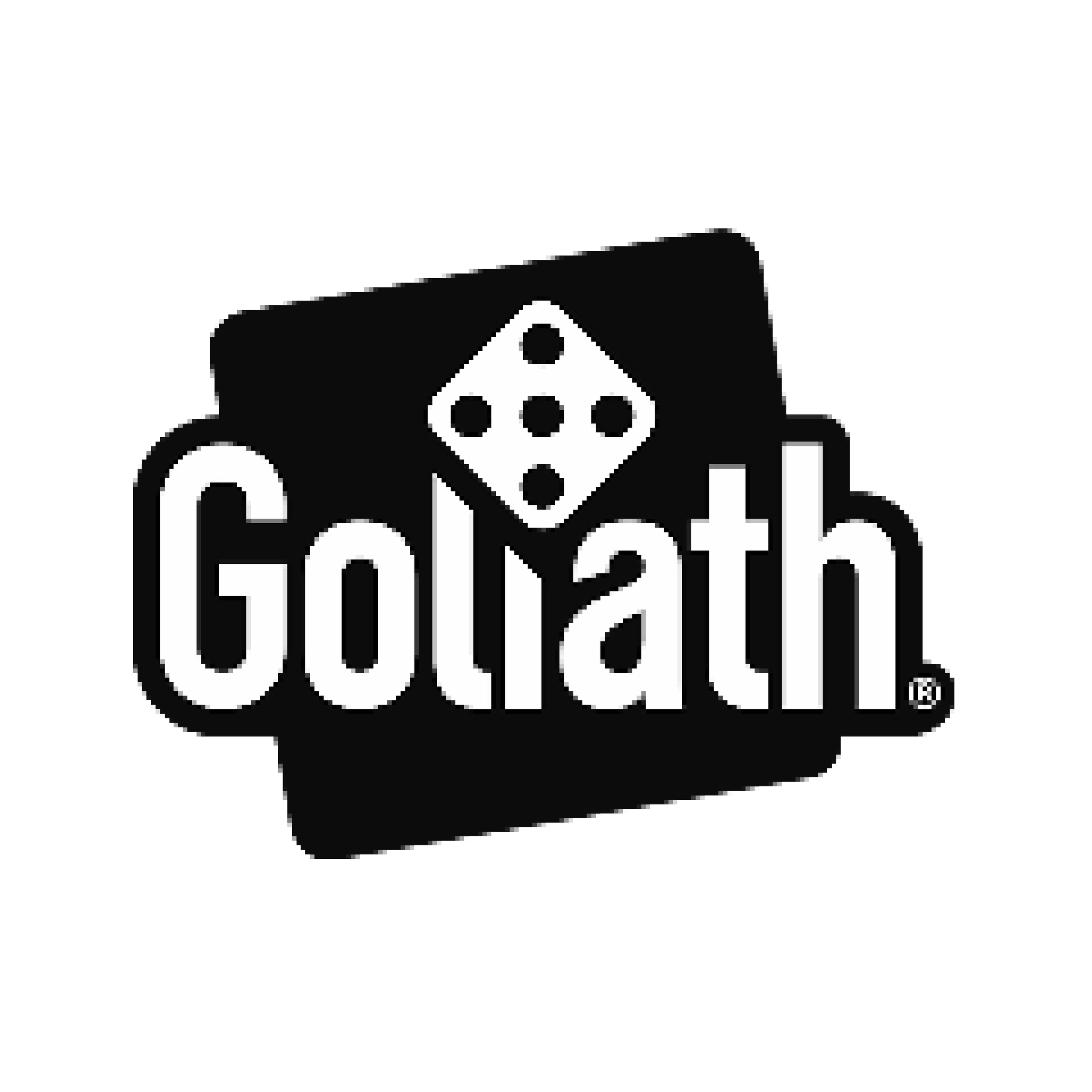 Black and white logo of Goliath with a dice icon above the text.