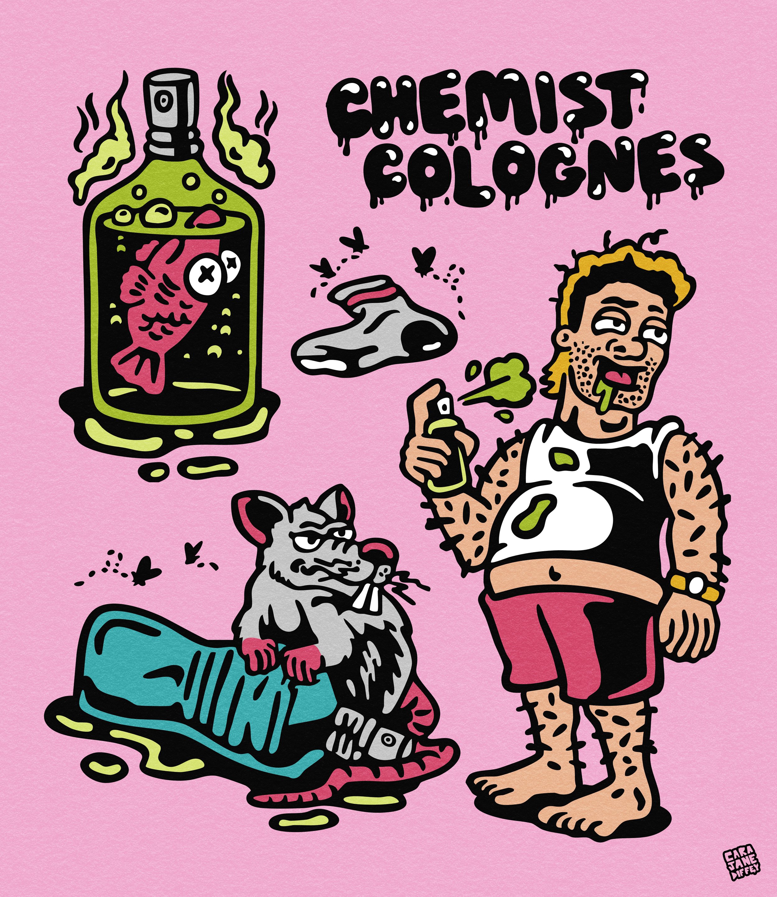A cartoon illustration featuring a person with messy hair and a scruffy appearance holding a spray can, standing next to a dog sitting on the ground. In the background, a large jar containing a fish and a human finger. The words 'Chemist Colonies' ar
