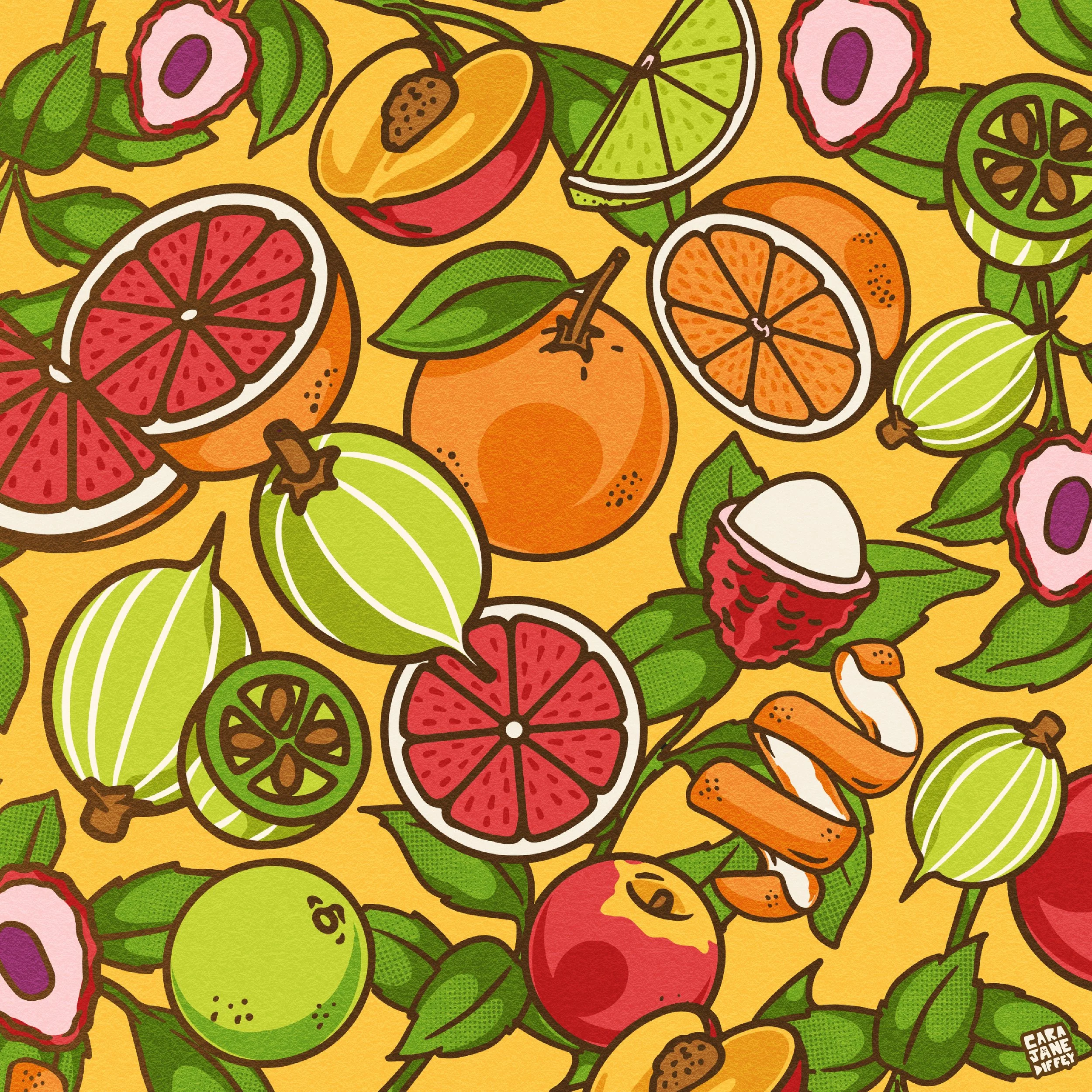 Pattern of various colorful fruits including grapefruits, oranges, limes, strawberries, lychees, and peaches with green leaves on a yellow background.