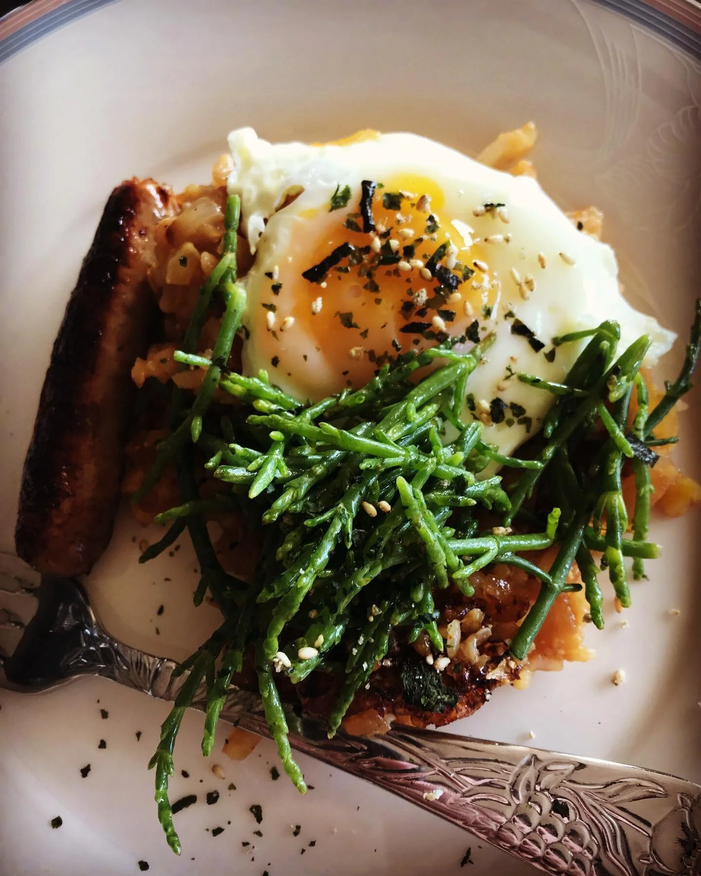 I find Im most inspired when traveling. Combining endemic ingredients with familiar. 
Kim chi and pineapple fried rice, fried egg, marinated sea asparagus, furikake. Breakfast of champions. 
#breakfastfriedrice #friedrice #seaasparagus