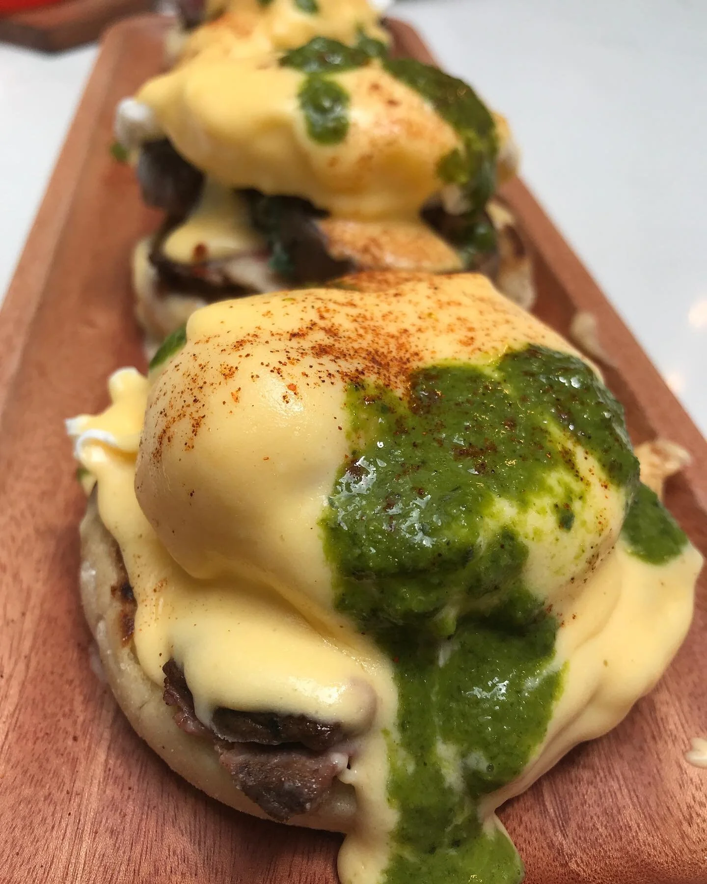 Mother’s Day brunch for my badass client Brittany who just gave birth three days ago and hosted a beautiful brunch today! Congrats and welcome to the world baby Owen!
Egg Benedict with seared rib eye, broiled heirloom tomatoes, chimichurri sau