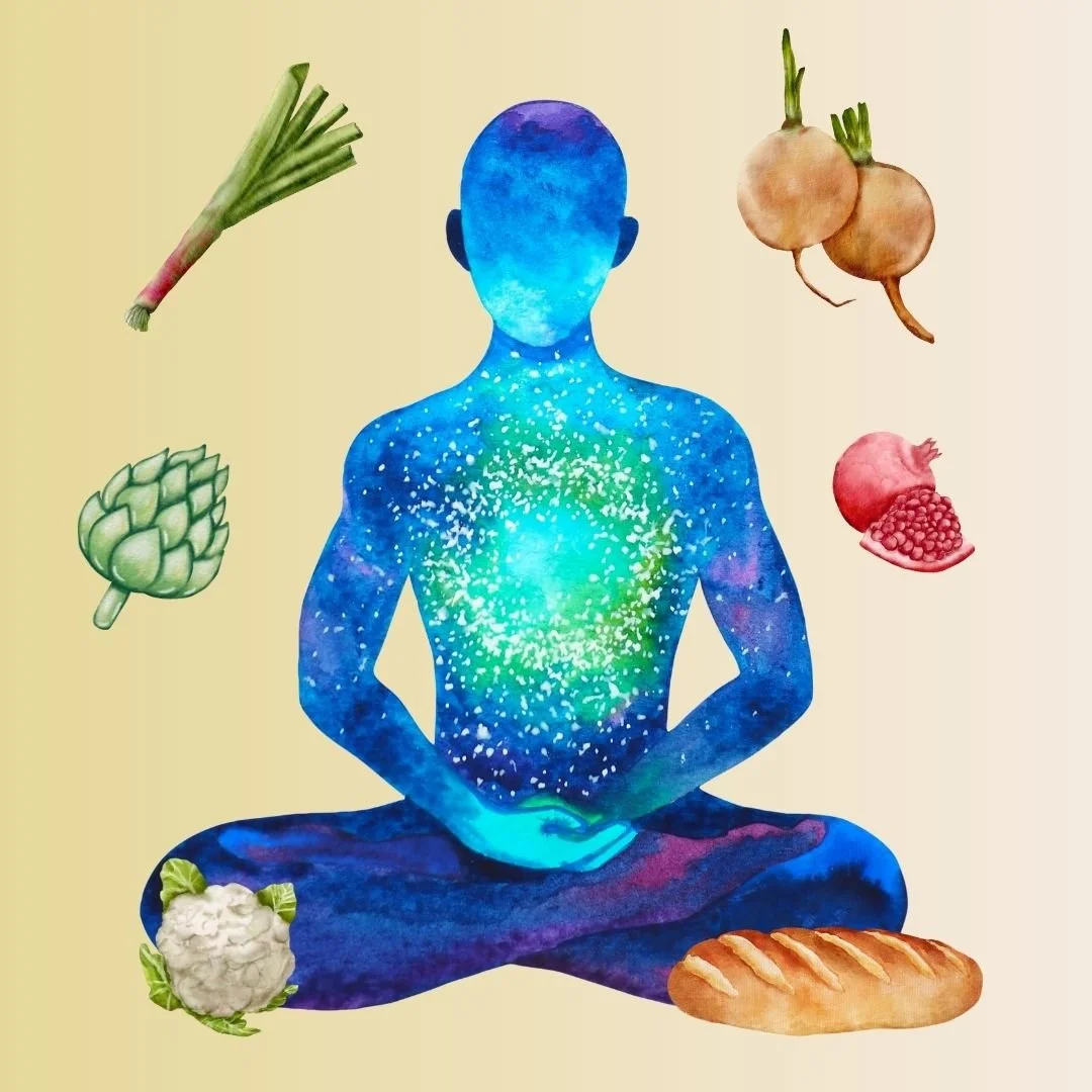 person meditating surrounded by healthy food
