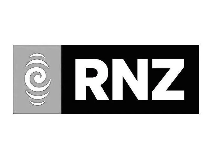 RNZ logo with a spiral symbol on a gray background and the letters RNZ on a black background