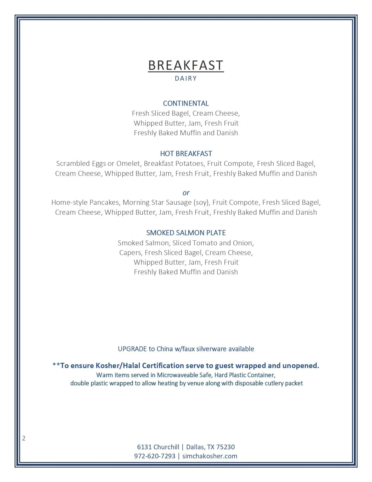 Kosher Menu Options INDIVIDUAL MEALS — Simcha Kosher Catering