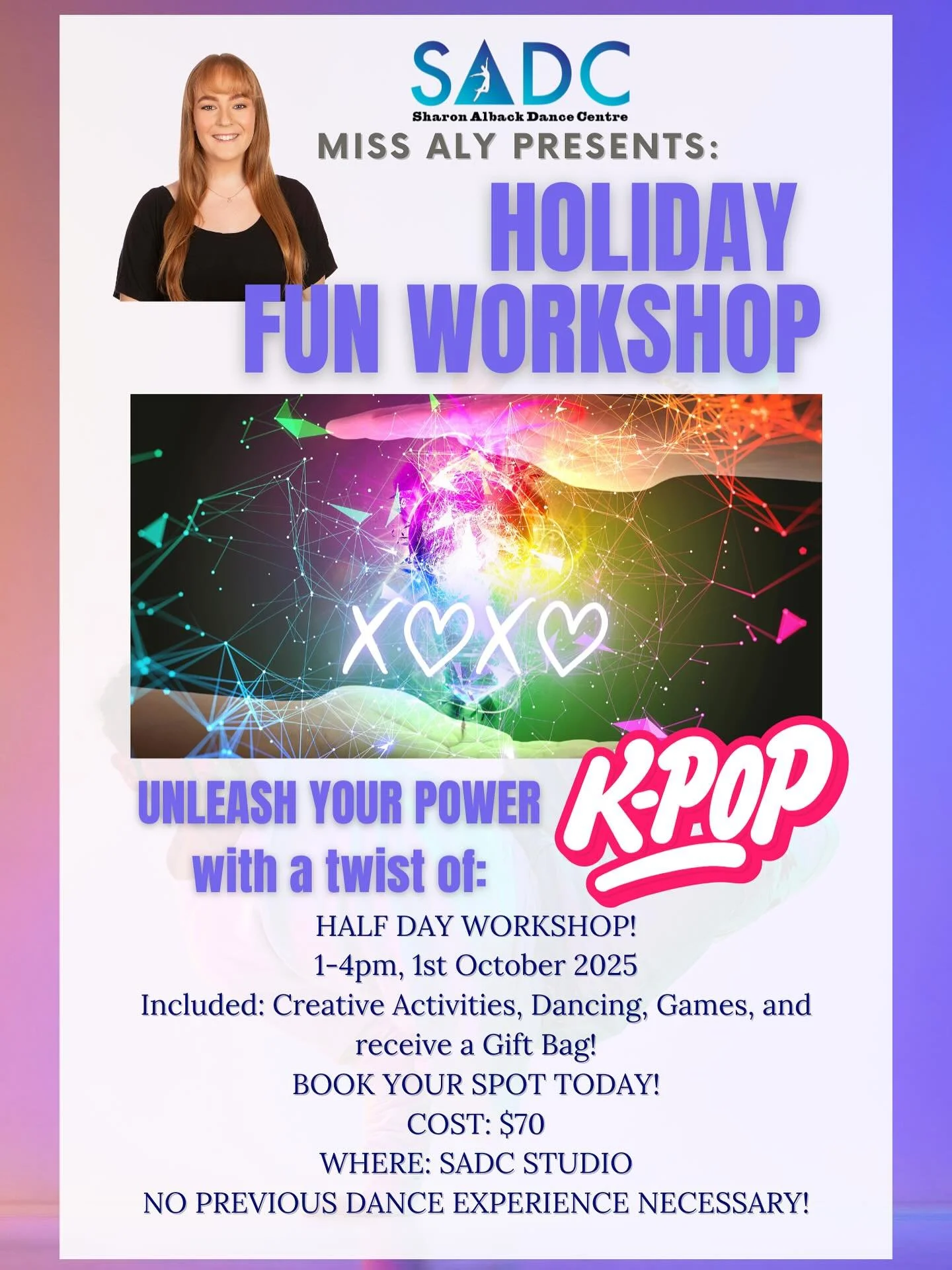 A fun-filled holiday workshop for children aged 7 years and over. Half-day workshop will include creative activities, dancing, games and a take-home gift bag to finish the day.
When: 1st October 2025, 1pm-4pm
Where: Sharon Alback Dance Centre Studio
