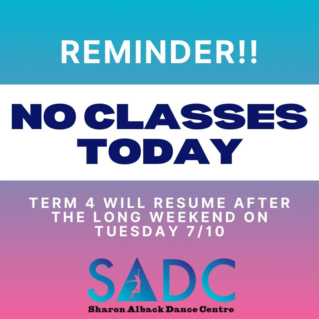 📢 Reminder SADC Family!
There are no classes today as we enjoy the long weekend 🌸
Classes will start back for Term 4 on Tuesday 7/10 &ndash; we can&rsquo;t wait to see you all back in the studio ready for a fun and exciting term of dance 💃🩰
Enjoy