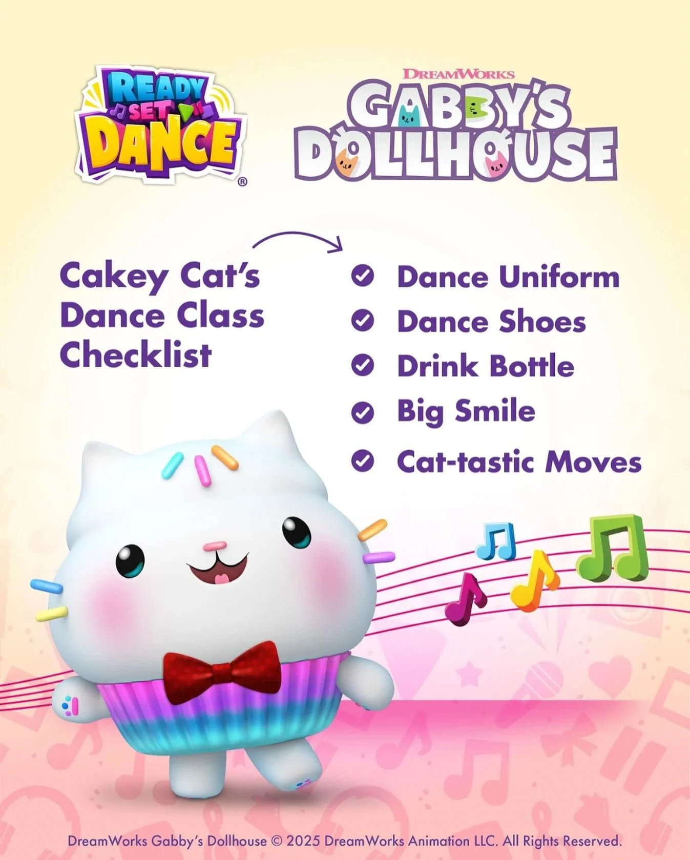 Get ready for dance class with Cakey Cat!

✅ Dance Shoes? ✅ Drink Bottle? ✅ Cat-tastic moves?

Cakey Cat&rsquo;s dance class checklist makes sure your little dancer is ready to shine on the dancefloor!

See you in our Ready Set Dance classes this 