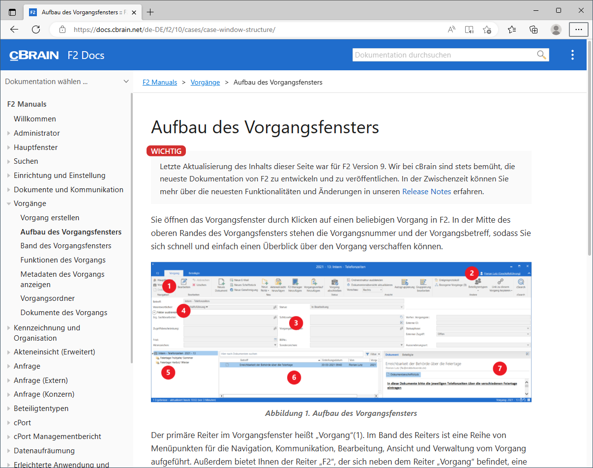 Screenshot von F2 Docs auf der Seite Aufbau des Vorgangsfensters