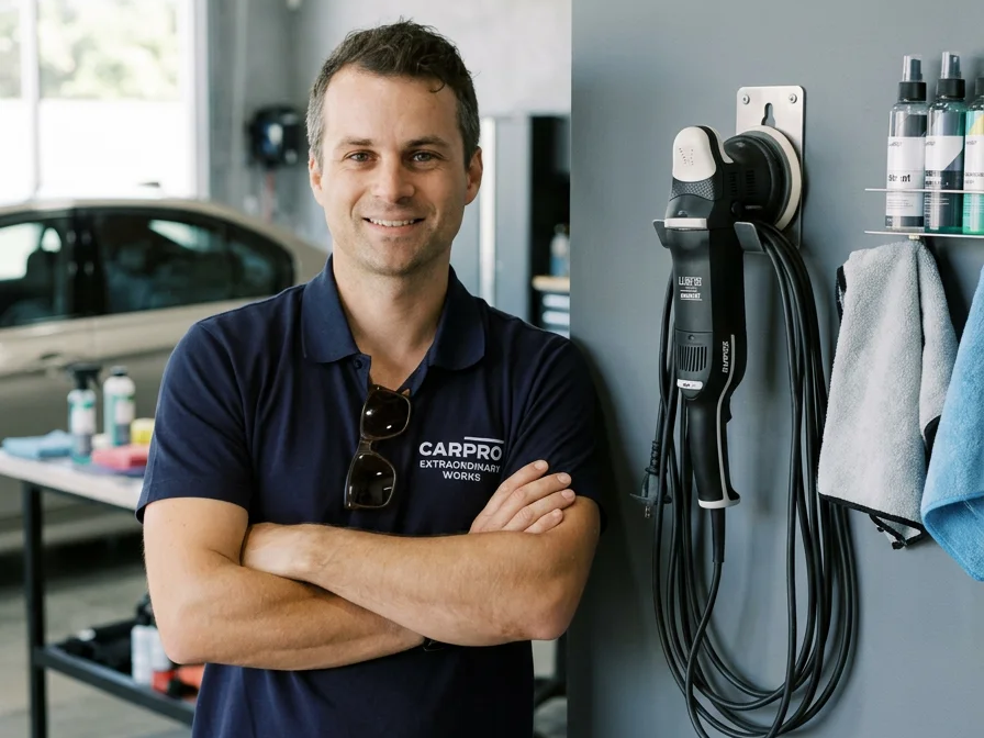 Car detailing professional standing beside mounted polishing tools, towels, and detailing products in an auto detailing shop