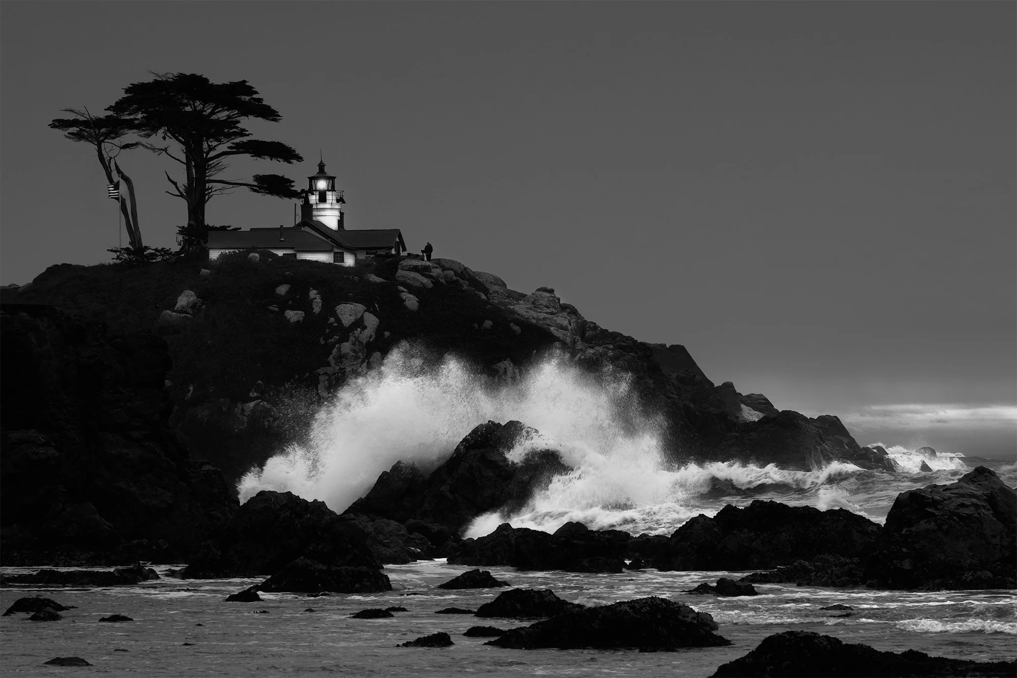 Black and white photo of a lighthouse on a rocky coastline, with waves crashing against rocks and a large tree beside the lighthouse.