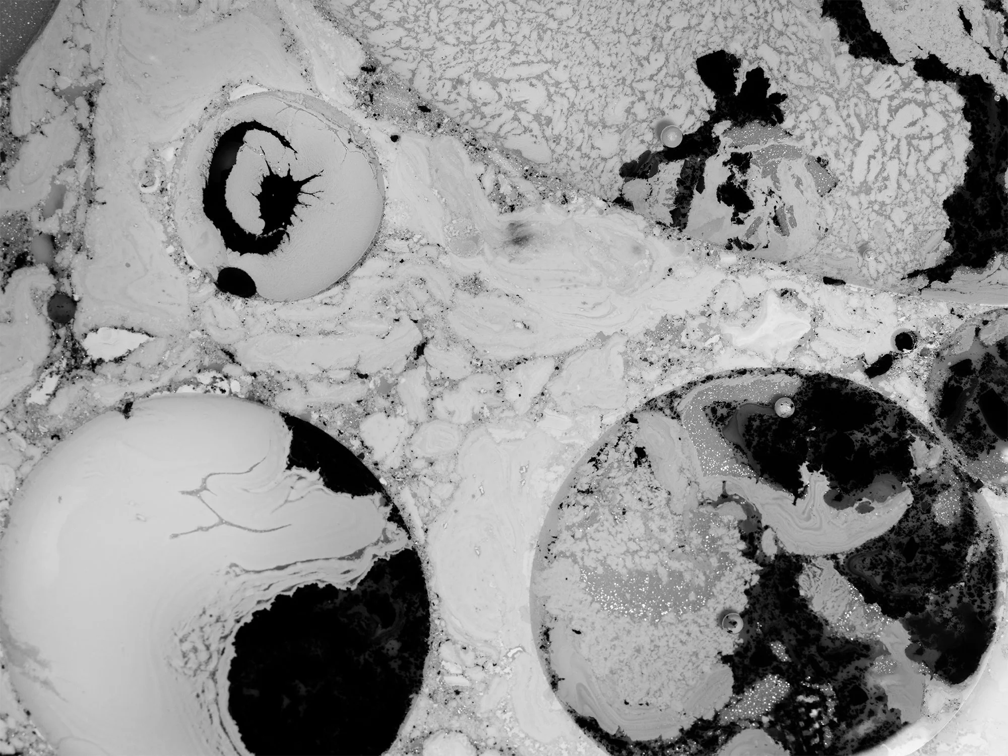 Black and white abstract image featuring circular patterns and swirling textures.