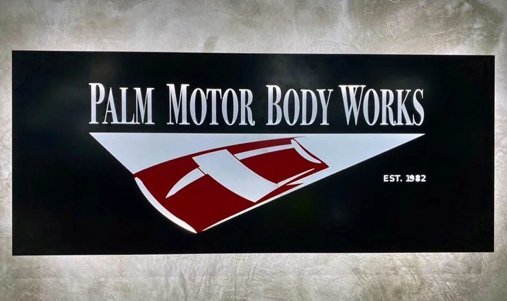 Custom backlit sign looking the treat on @palmmotorbodyworks new entry feature wall! 
.
.
#fabrication #aluminum #lasercut #sign #signage #graphics #perspex #leds #backlit #powdercoat #2pac #design