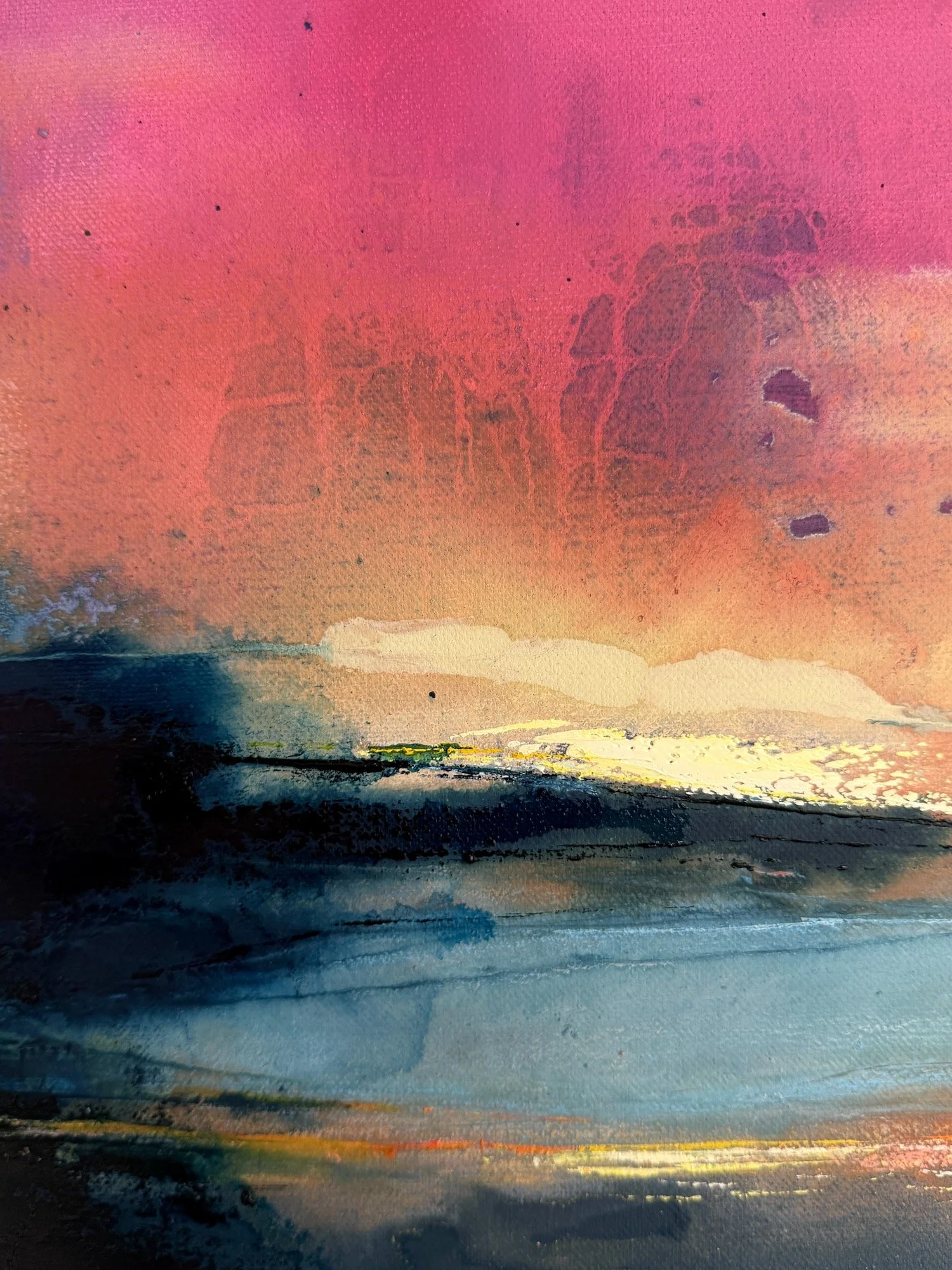 Abstract oil painting with shades of pink, orange, blue, and black, creating a landscape-like scene with a horizon line.