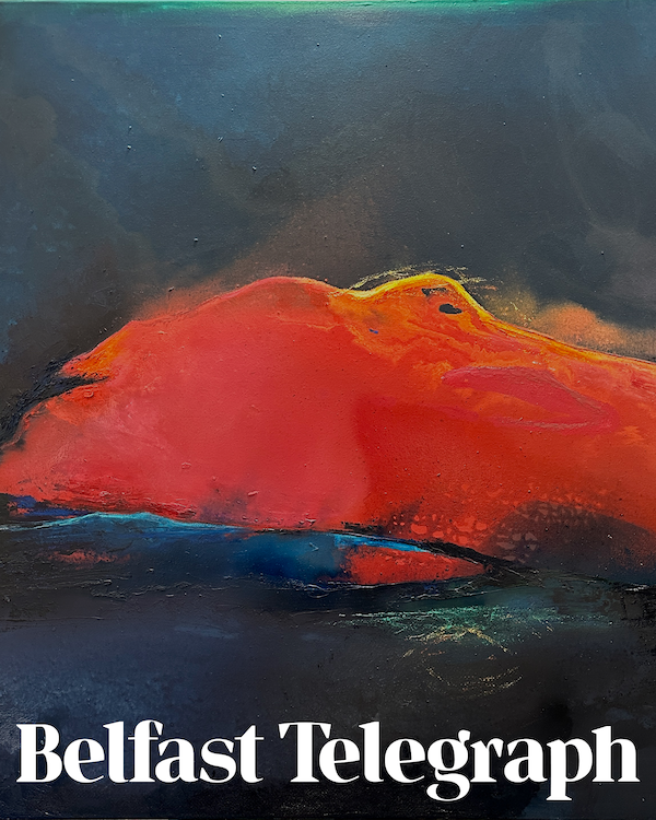Abstract painting of a large red structure, with a dark sky background and the text "Belfast Telegraph" at the bottom.