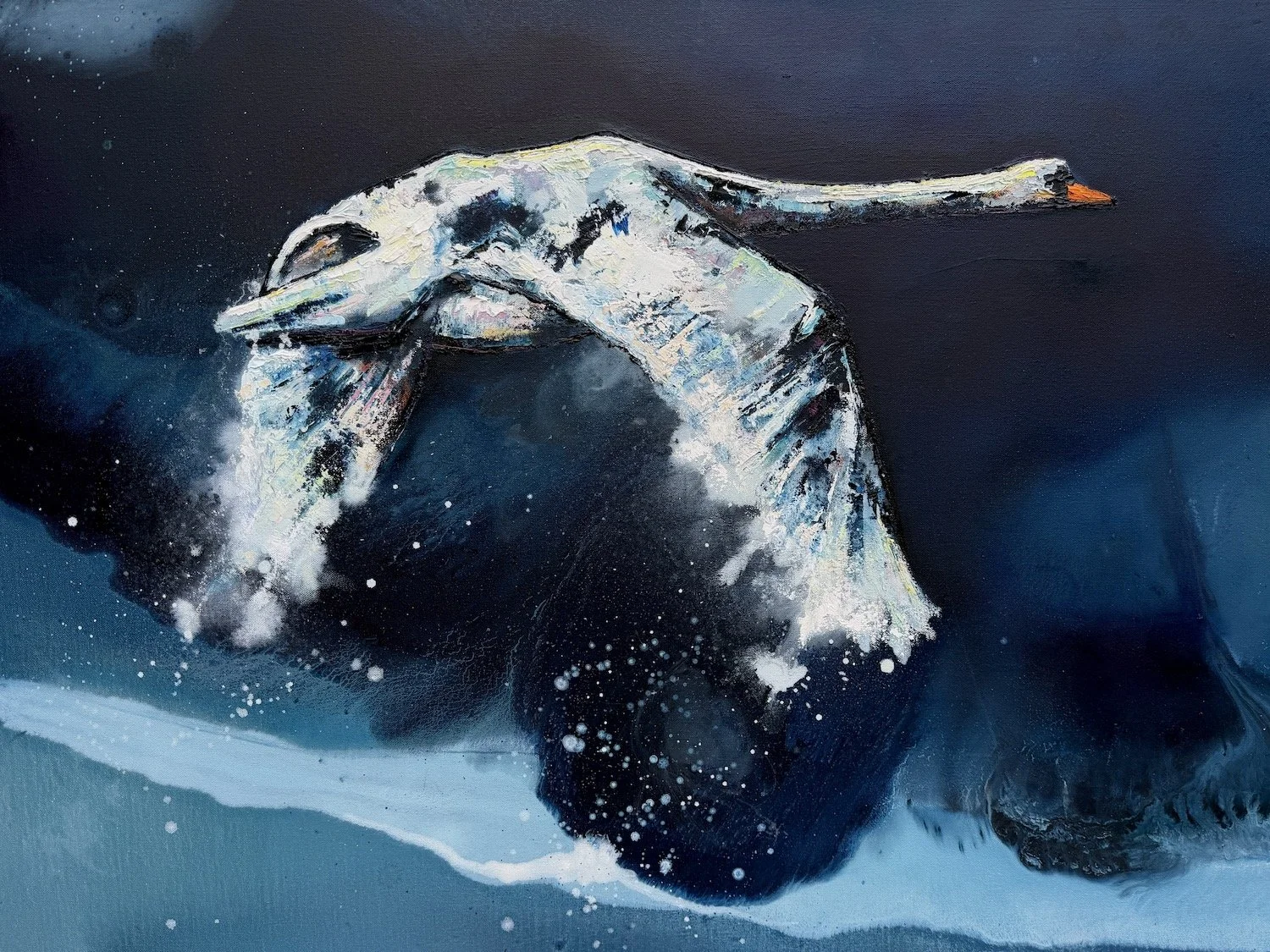 An abstract painting of a dynamic, gestural swimmer diving into water, created with bold brushstrokes and splashes in shades of blue, white, and black.