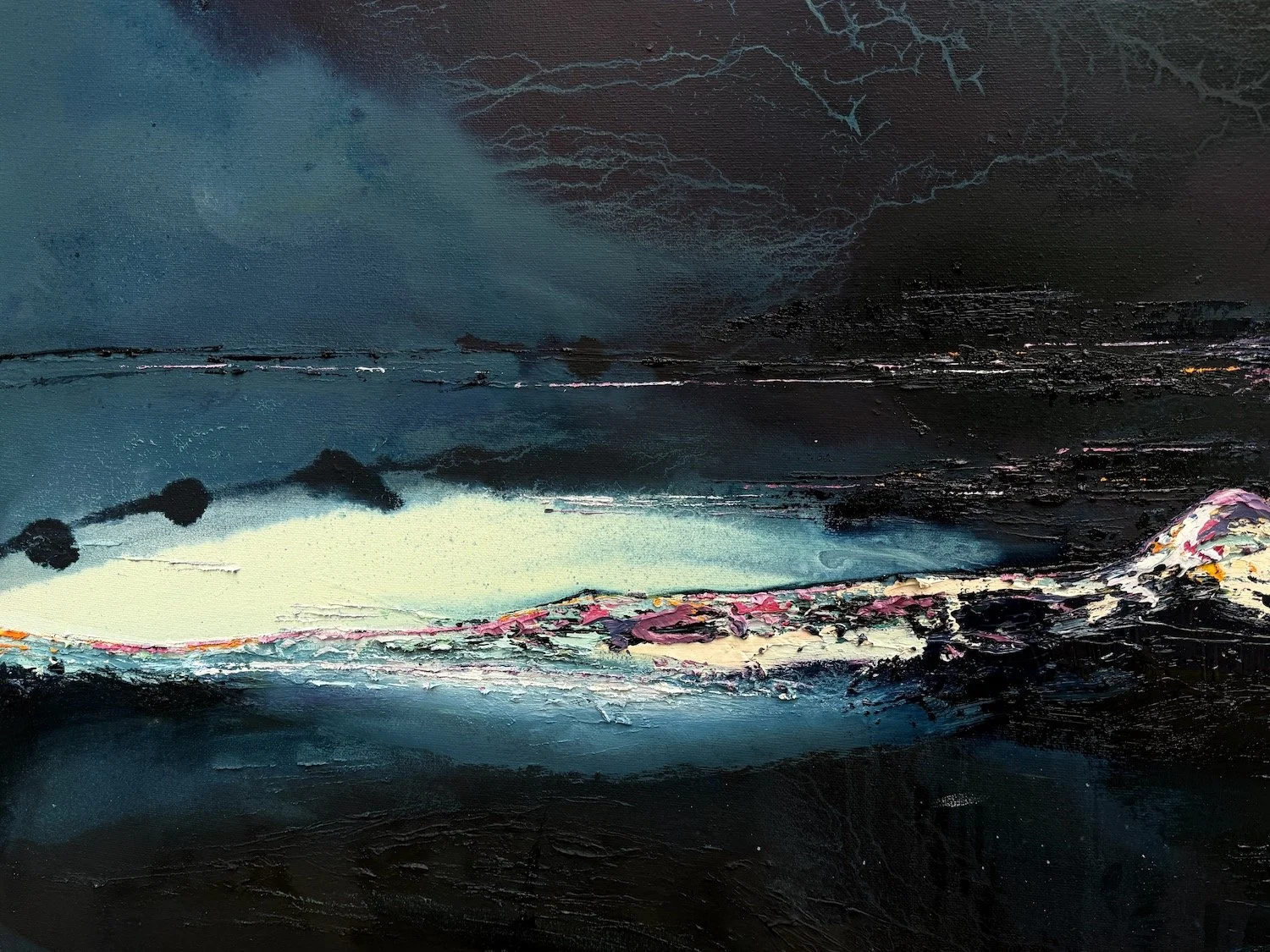 An abstract painting of a landscape at night, featuring a dark sky with lightning, a body of water reflecting the sky, and a rocky shoreline with colorful highlights.