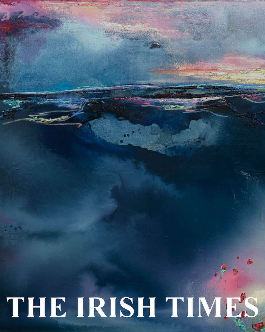 Abstract painting of a dark ocean scene with waves and a colorful sky at sunset, with the text "The Irish Times" at the bottom.
