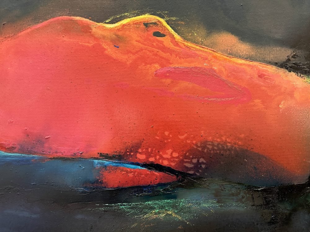 Abstract painting with bold red, orange, yellow, blue, green, and black colors.
