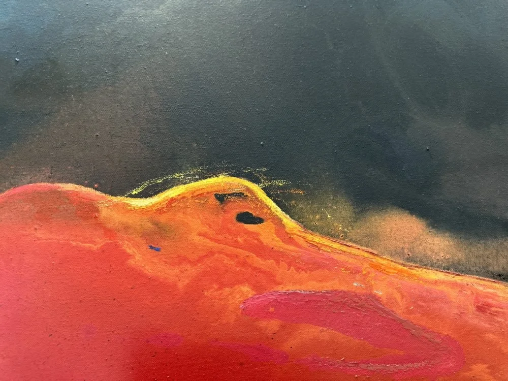 Close-up of a red-orange abstract painting with dark sky in the background.