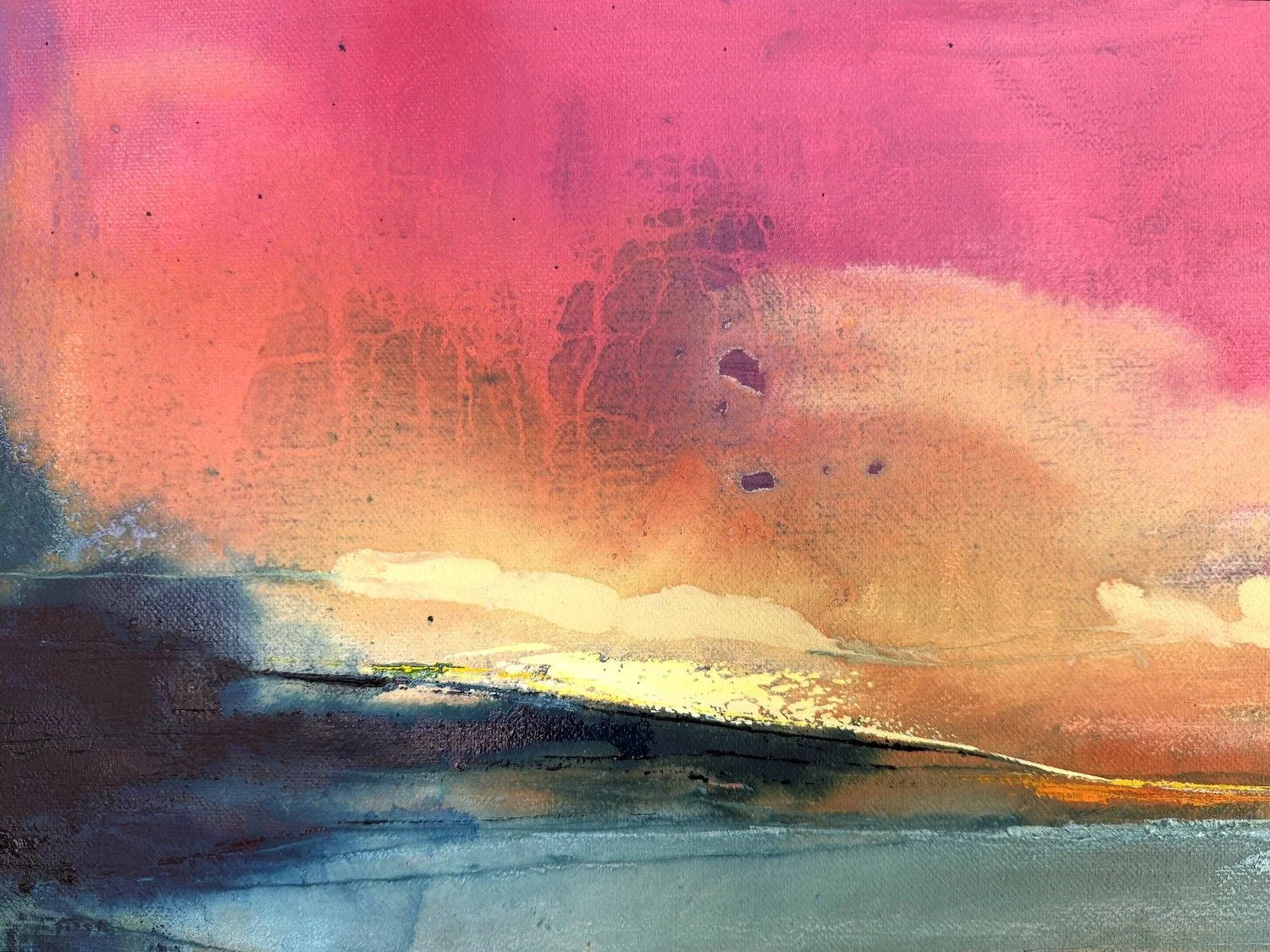Abstract landscape watercolor painting of a sunset or sunrise with warm pink, orange, and yellow tones in the sky, dark blue and black representing the land or water, and subtle light reflections.