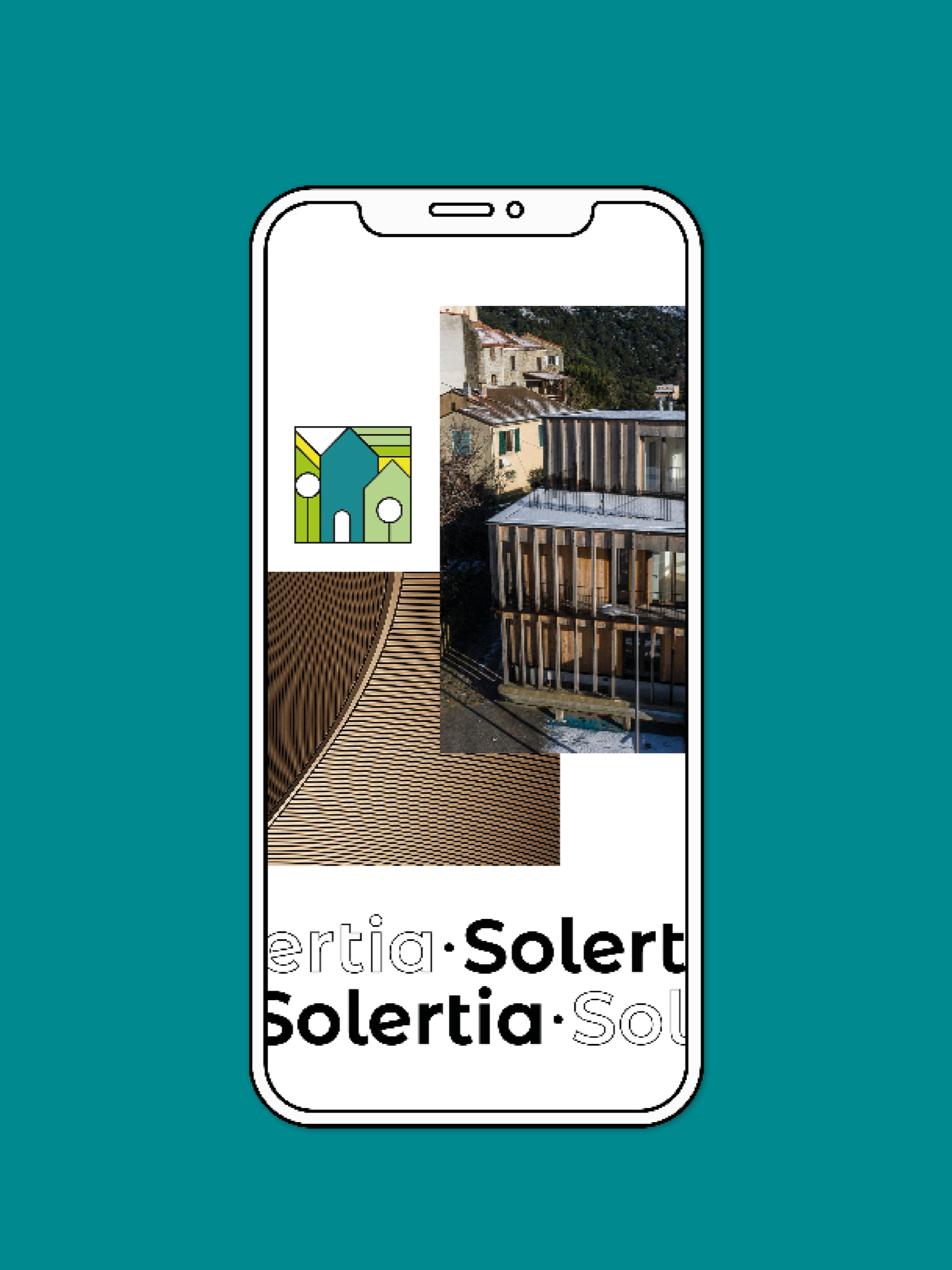 Une illustration d'un smartphone affichant un collage de différentes images d'architecture et de design urbain, avec un fond bleu clair.