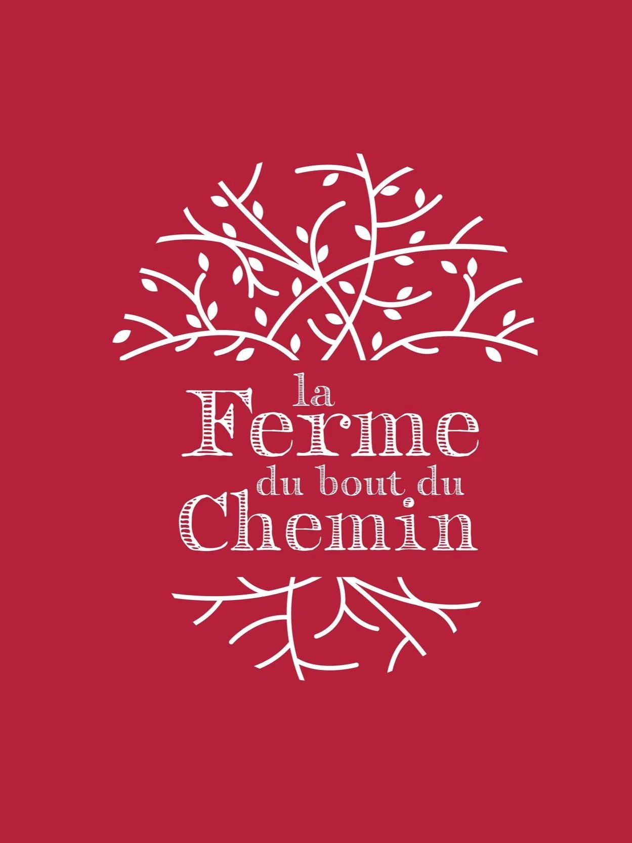Logo avec un arbre stylisé blanc sur fond rouge et le texte « la Ferme du bout du Chemin »