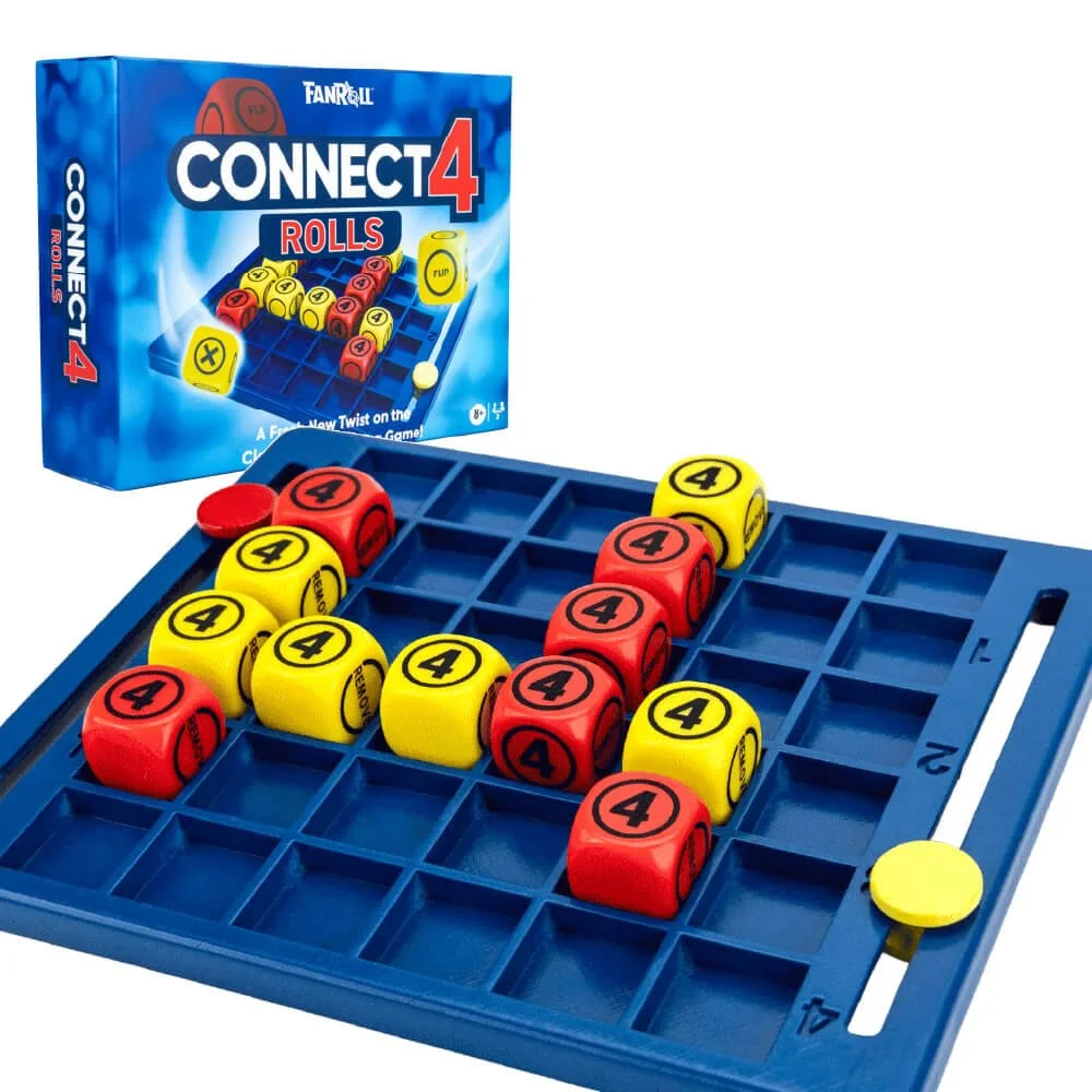A blue grid game board for Connect 4 Rolls. Roll your dice and choose there to place in the grid. Knock out other players dice, first to get 4 in a row wins. Classic red and yellow disk dice and a box showing the game logo.