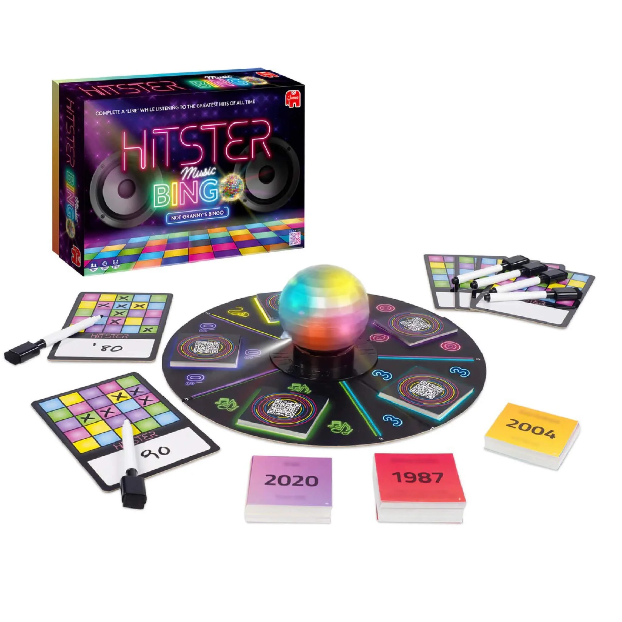 A family party game called 'HITSTER Music BINGO' featuring a spinning light up disco ball, bingo cards, markers, and QR music cards, on a colorful game mat and a box with neon-style text and graphics. 