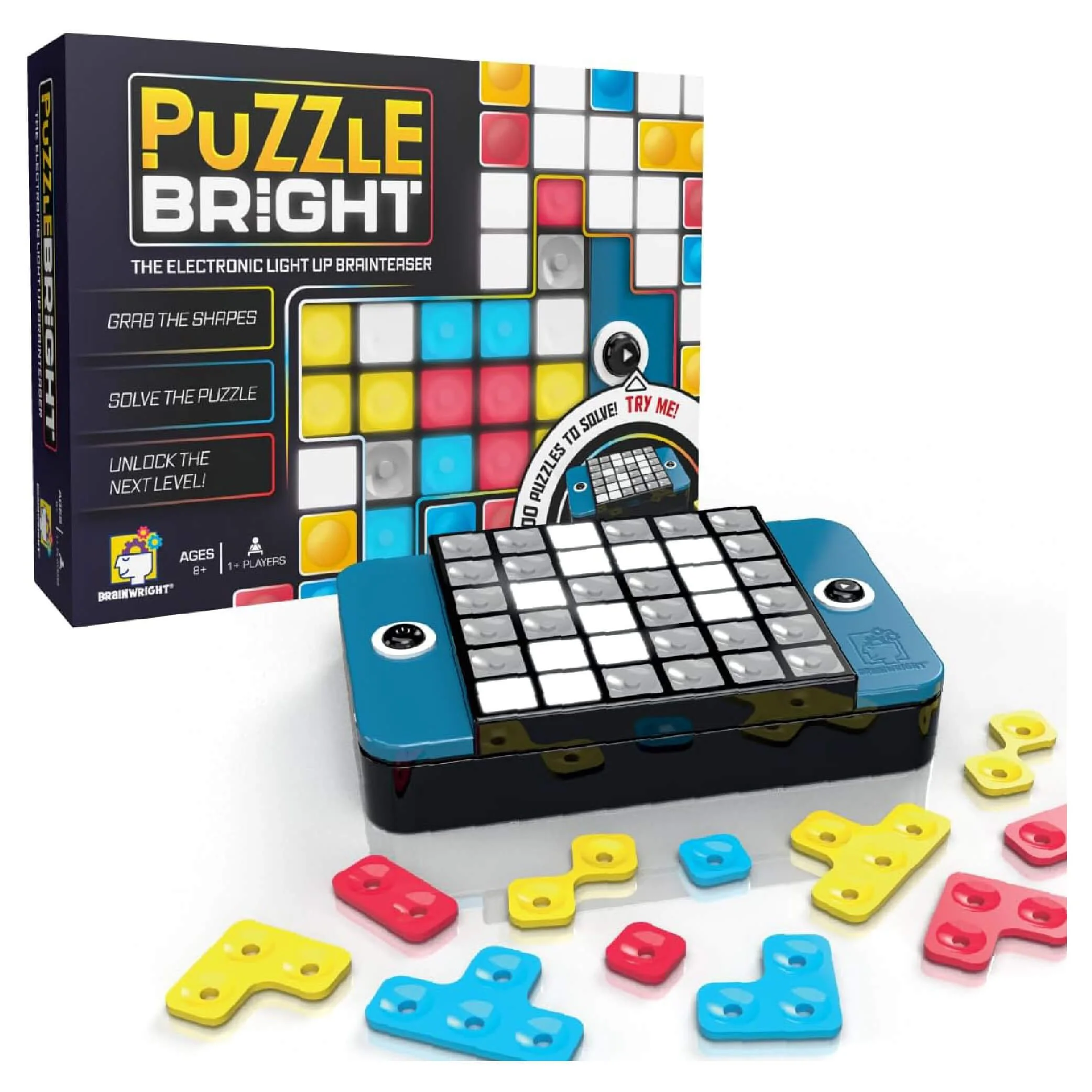 A bright electronic puzzle game with real colored pieces that have to fit in a a light up pattern, accompanied by a box brilliant for children ages 8 and up.