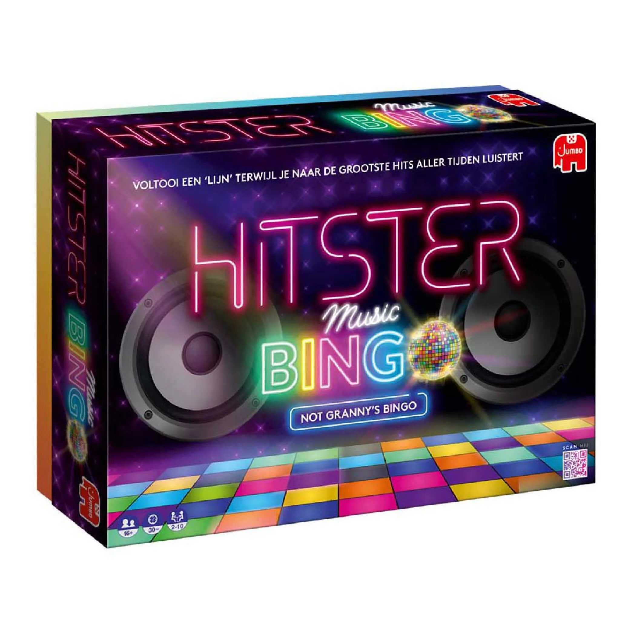A music-themed bingo game box with neon lights, stereo speakers, and a colorful dance floor, titled 'HITSTER Music BINGO,' with the subtitle 'Not Granny's Bingo,' produced by Jumbo.