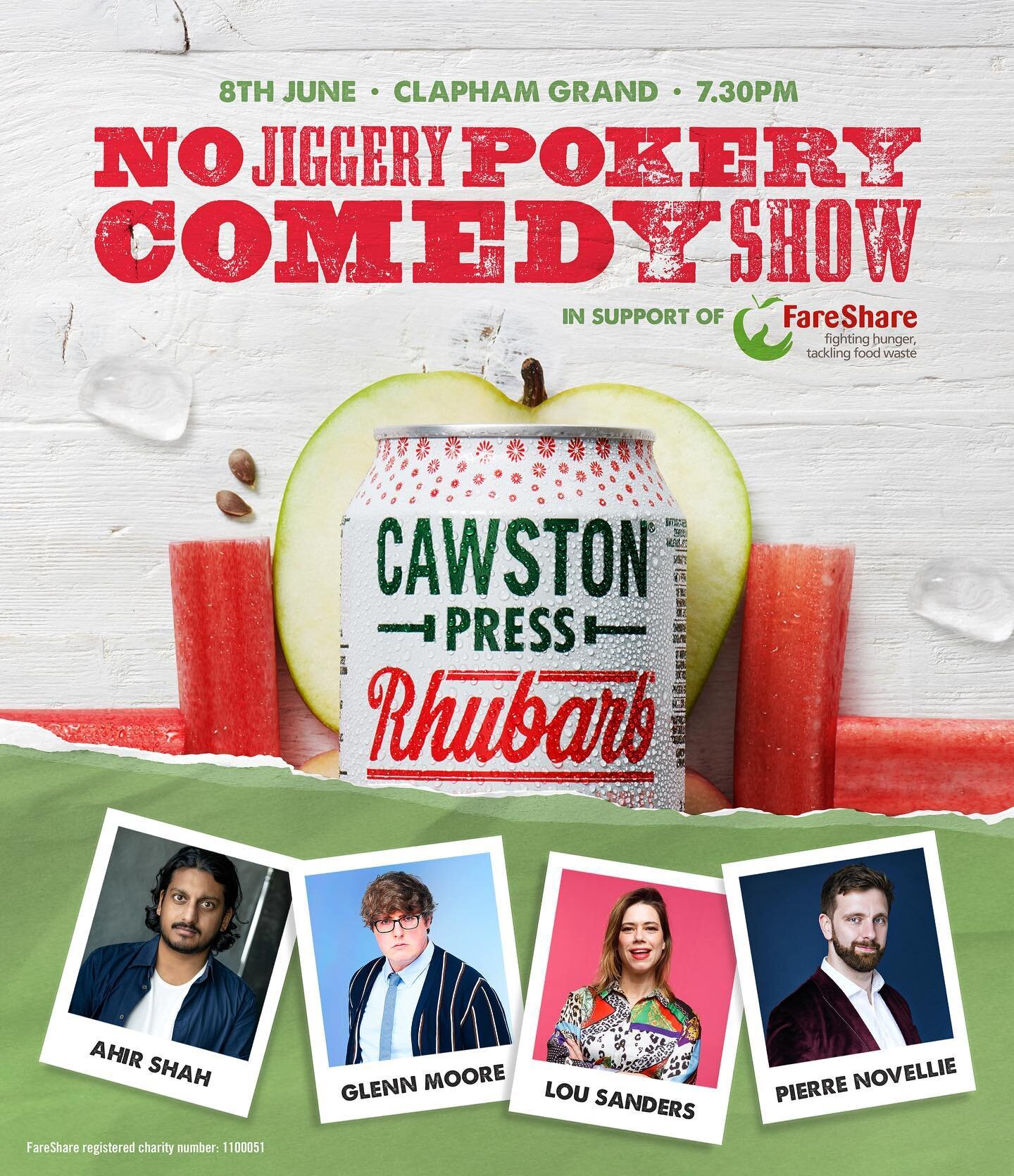 Exciting news! @cawstonpress has announced the No Jiggery Pokery Comedy Show, which is being held for one night only at London&rsquo;s Clapham Grand on Thursday 8th June, in support of its charity partner @fareshareuk 🍏

We invite you all to join us