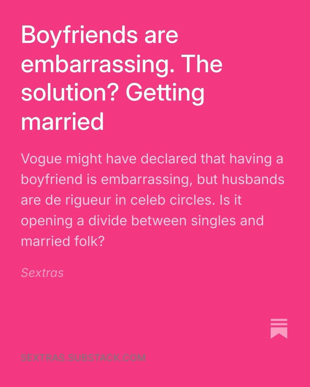 Is having a husband embarrassing now? Apparently not, according to @charlie.elizabethh who explores why marriage is making a comeback in our most recent paid post, subscribe to our substack to read the whole thing!!