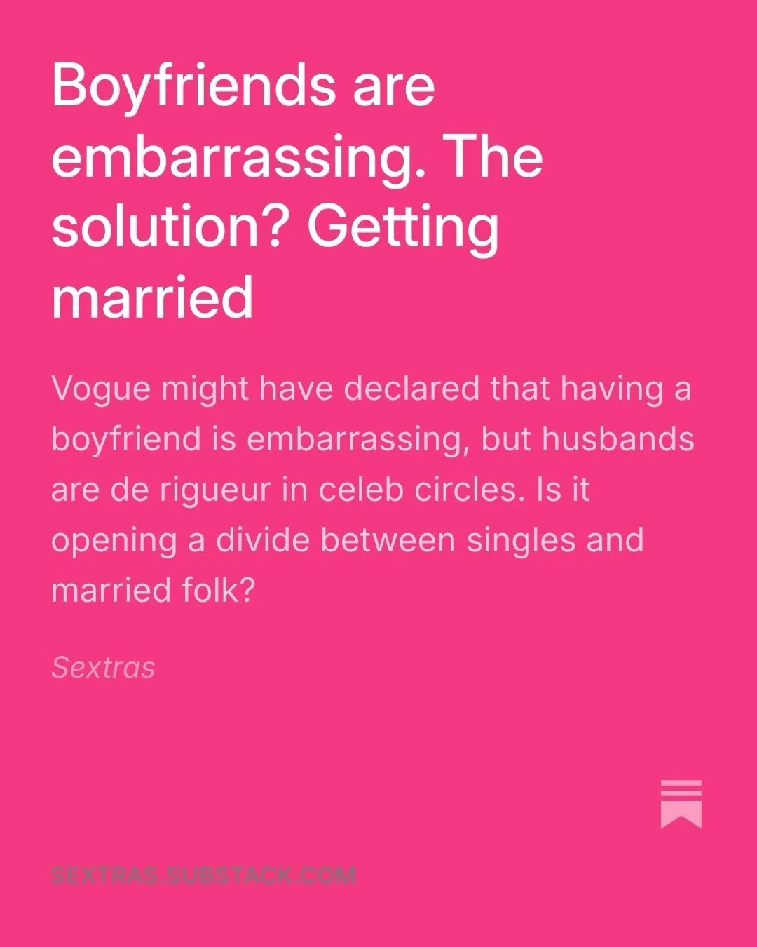 Is having a husband embarrassing now? Apparently not, according to @charlie.elizabethh who explores why marriage is making a comeback in our most recent paid post, subscribe to our substack to read the whole thing!!