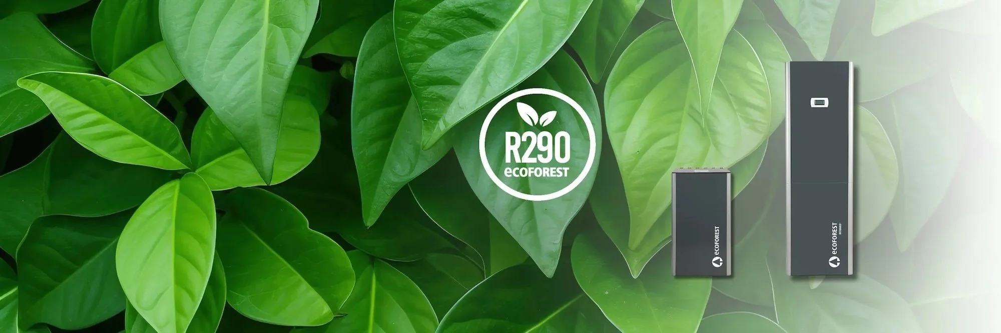 Green leaves background with an "R290 ecoforest" logo and two dark-colored eco-friendly appliances on the right.