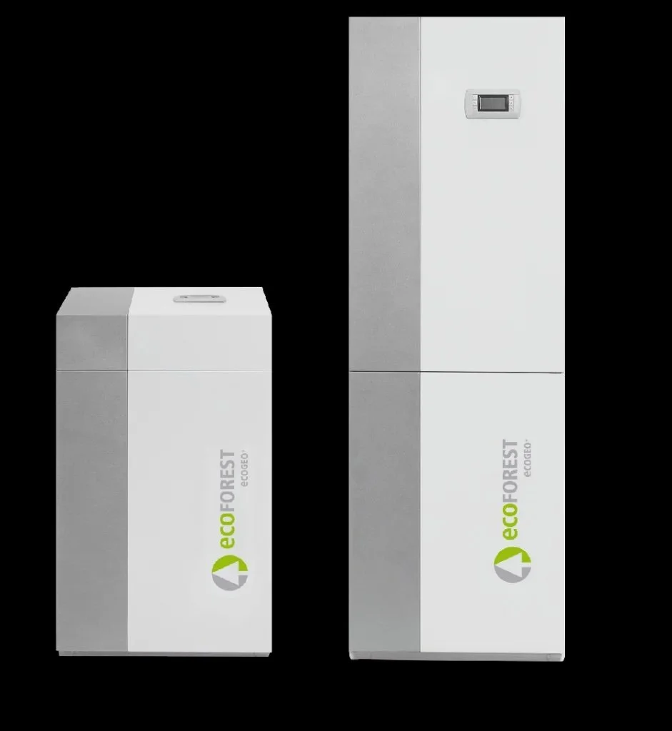 Two modern Ecoforest ecoGEO geothermal heating units, one shorter and one taller, with a sleek white and gray design on a black background.