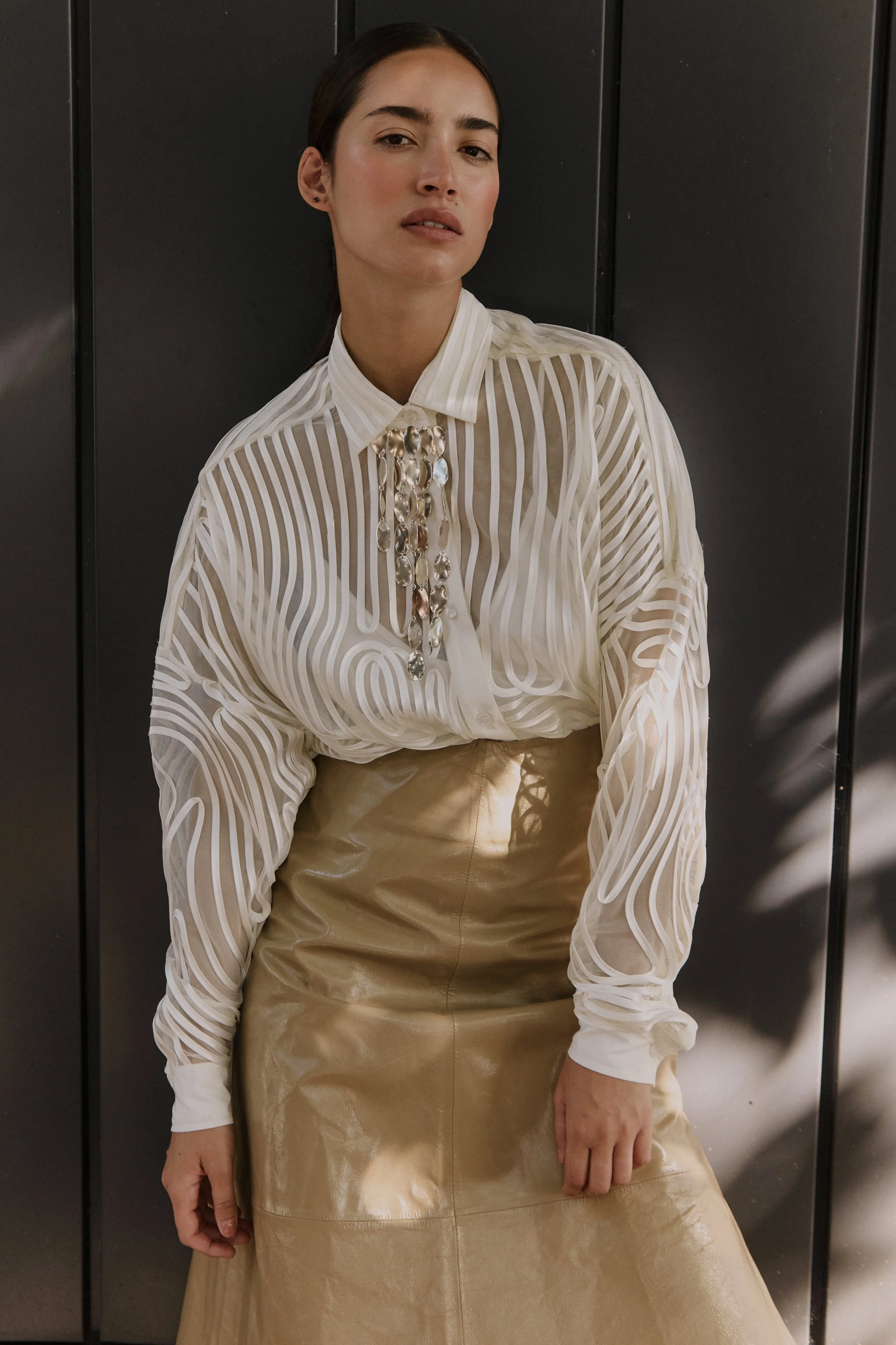 BLANCA STUDIOS blouse 
 with SCANLAN THEODORE skirt
& COS brooch and boots
