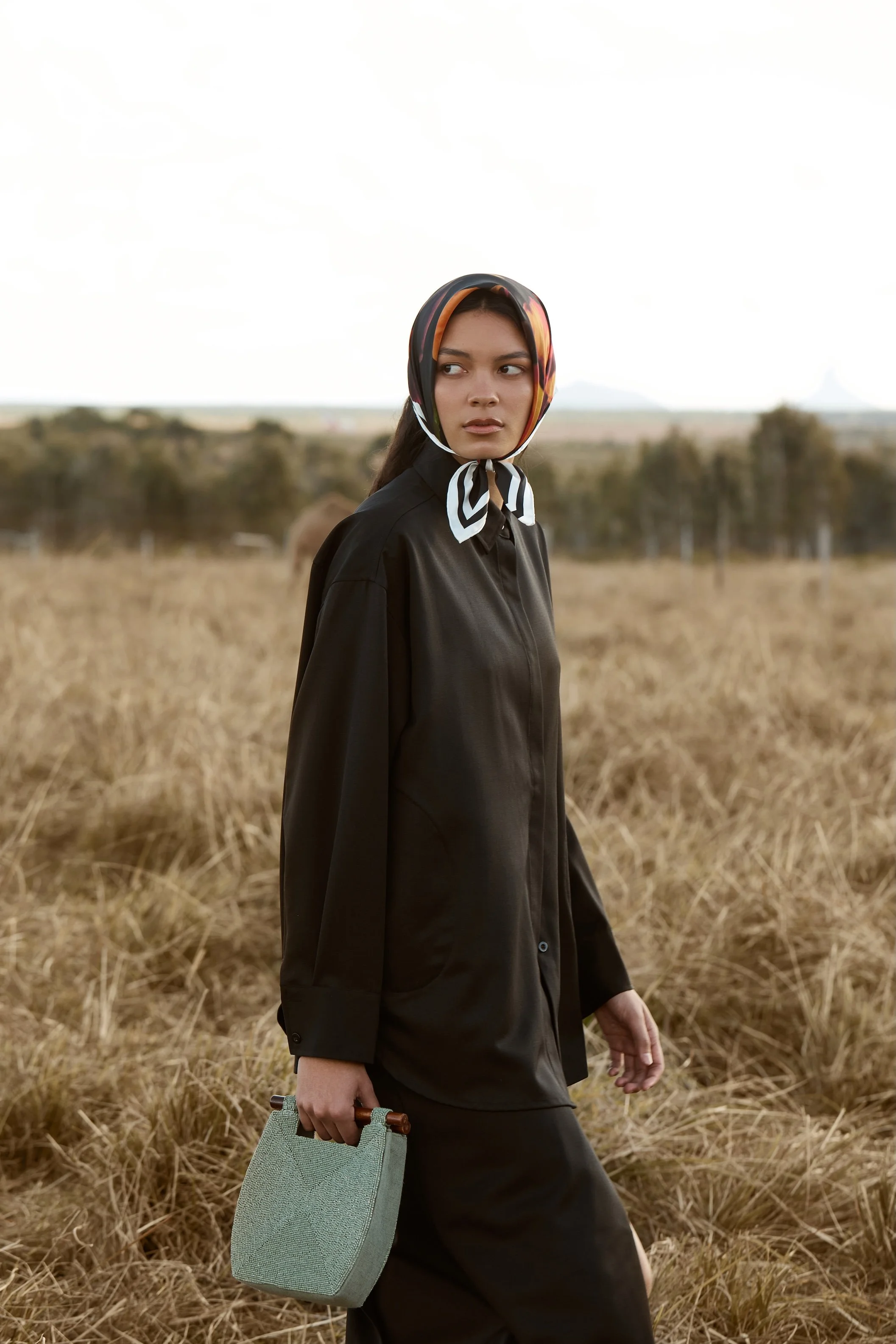 Top, skirt and scarf by Silk Laundry, with The Hold bag and Baxter shoes.
