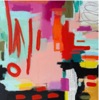 Abstract colorful painting with bold red, pink, orange, black, blue, yellow, and green brushstrokes and shapes.