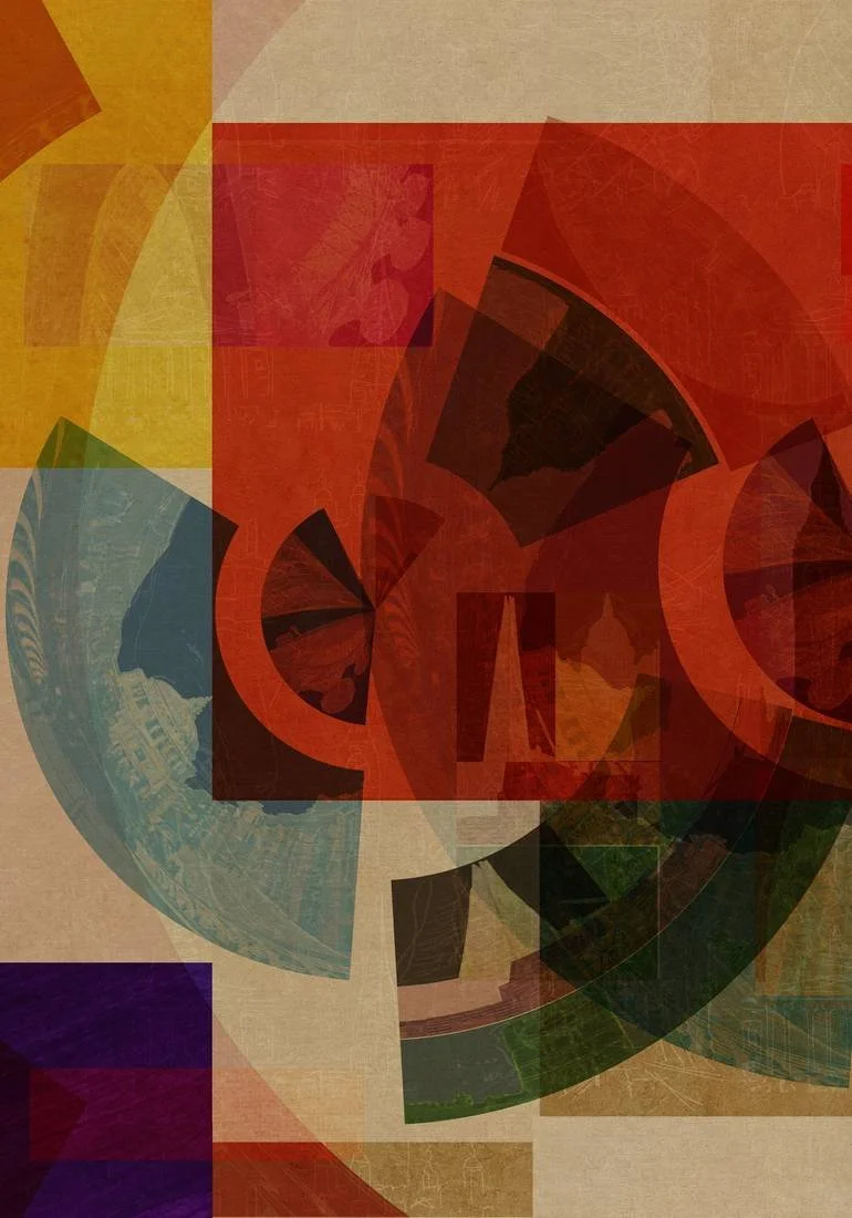London Abstract collage with geometric shapes and overlapping colors including red, yellow, blue, green, purple, and beige. BFA Fine Art Limited Edition Prints via BFA Online Gallery Artist Czar Catstick 